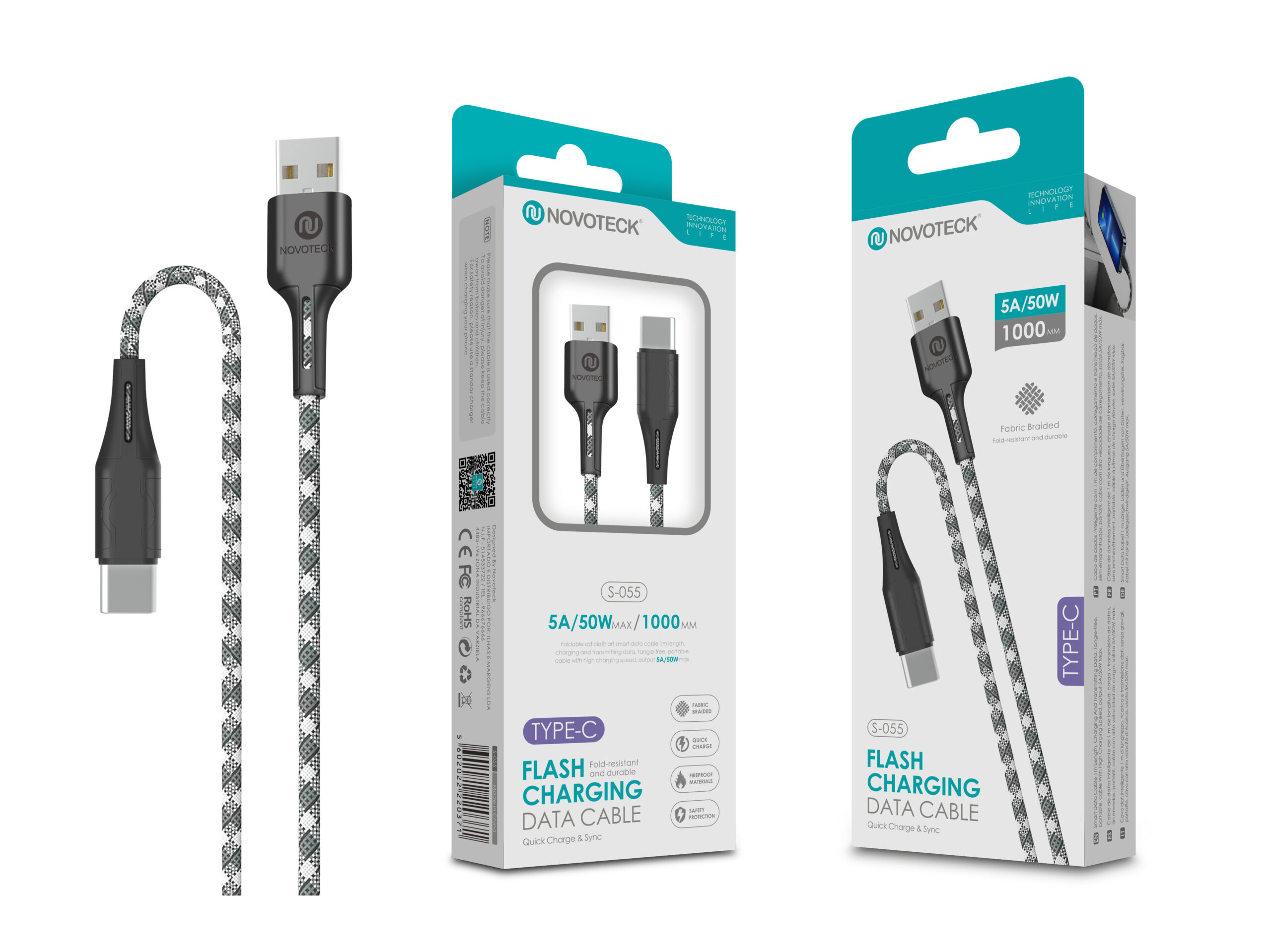 Cavo Novotech Tipo-C con treccia in tessuto, lungo 1m, 5A/50W.