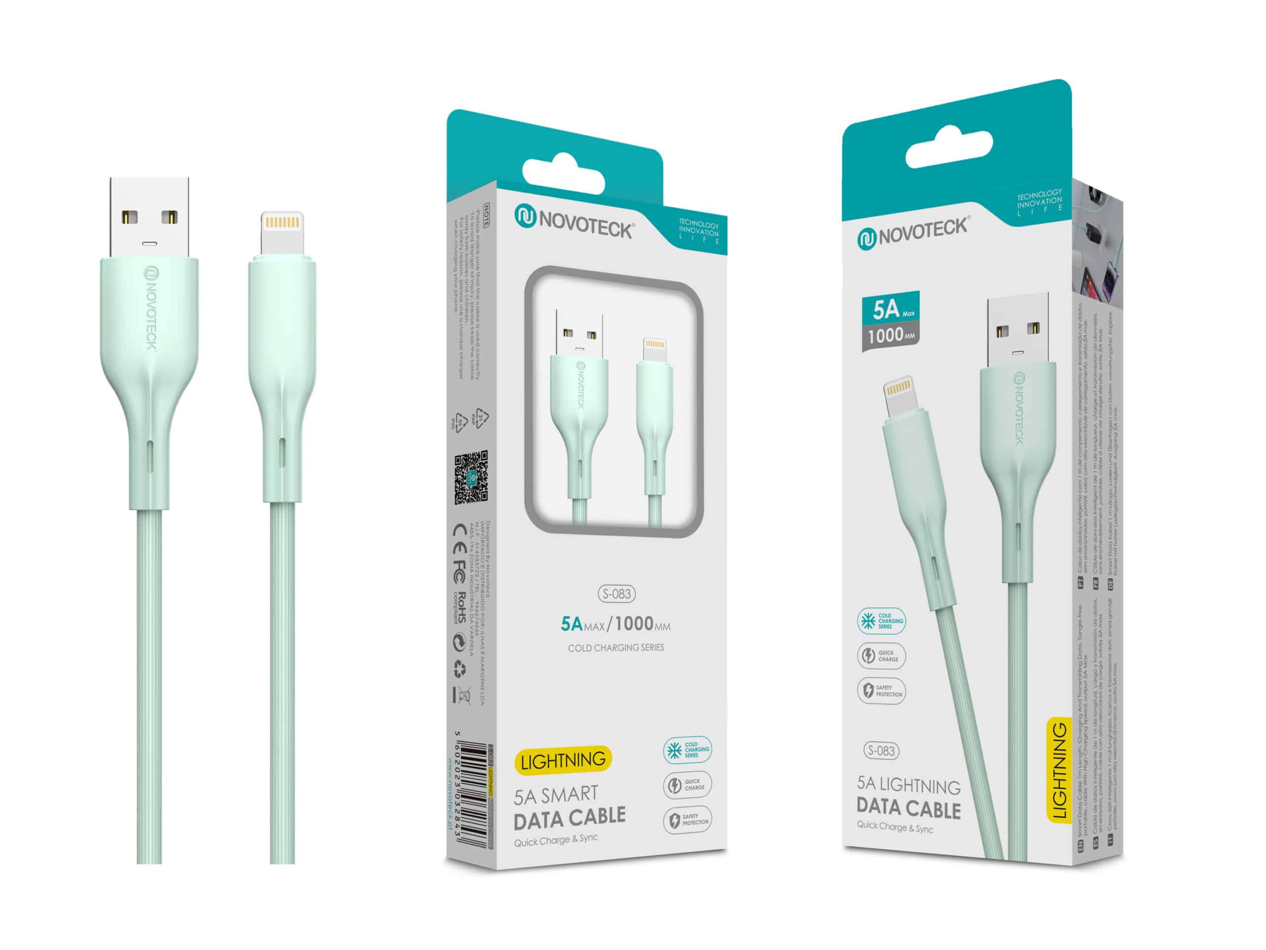 Due cavi dati Lightning Novoteck verde chiaro con connettori USB-A e Lightning.