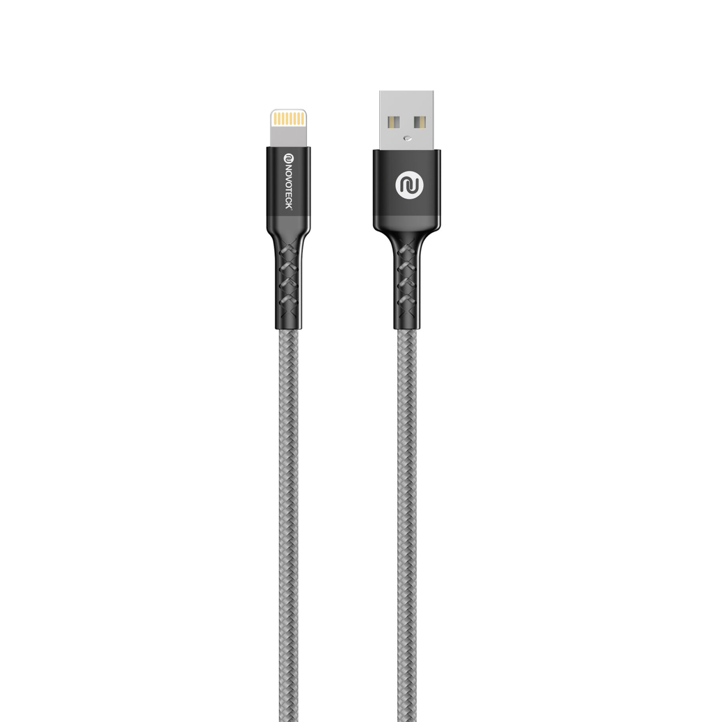 Cavo di ricarica grigio con connettori USB-A e Lightning.