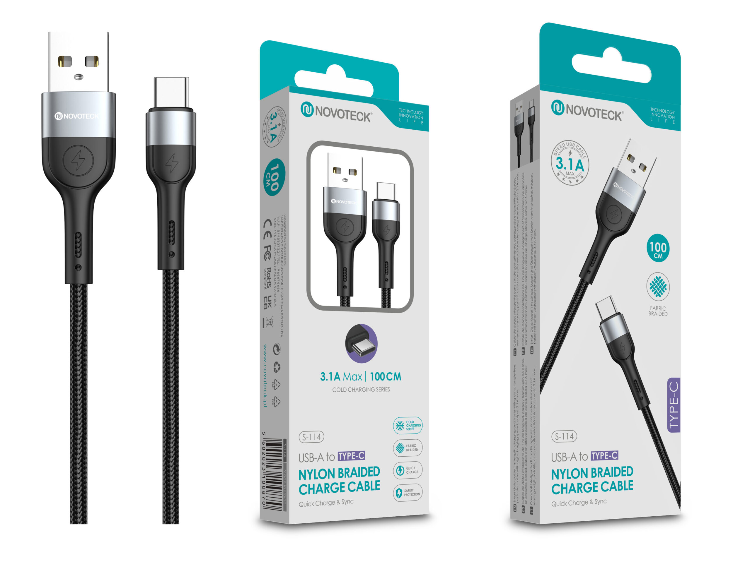 Dos cables negros USB-A a USB-C con conectores plateados en embalaje.