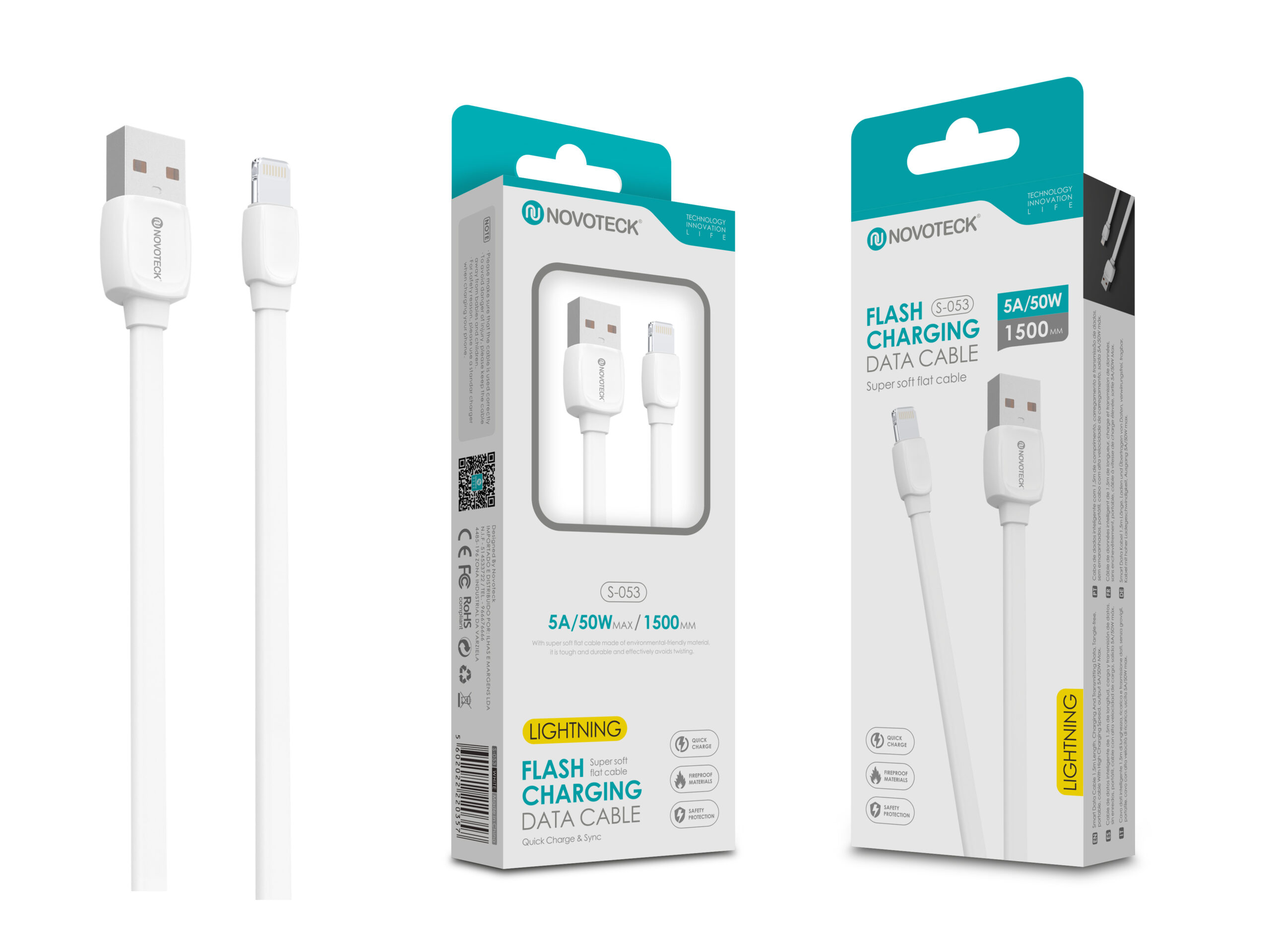 Due cavi di ricarica Novoteck bianchi con connettori USB-A e Lightning, confezionati.