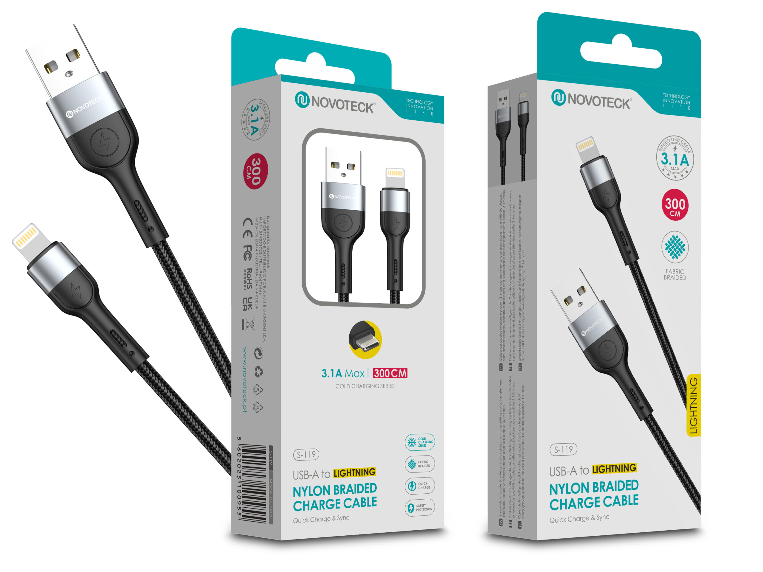 Confezione cavo Novoteck 3m intrecciato USB-A a Lightning con immagine prodotto.
