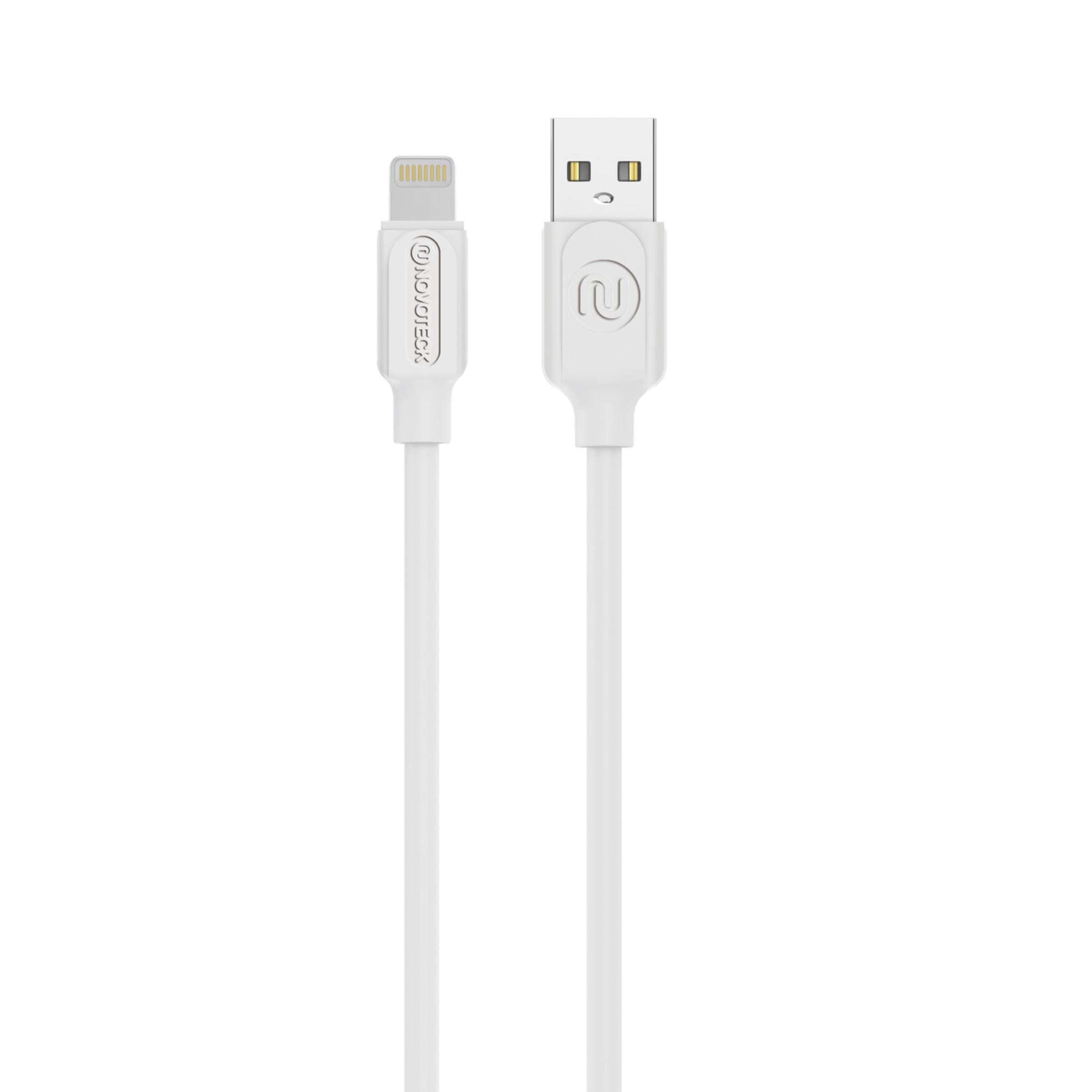 Un cavo di ricarica bianco con connettori Lightning e USB.