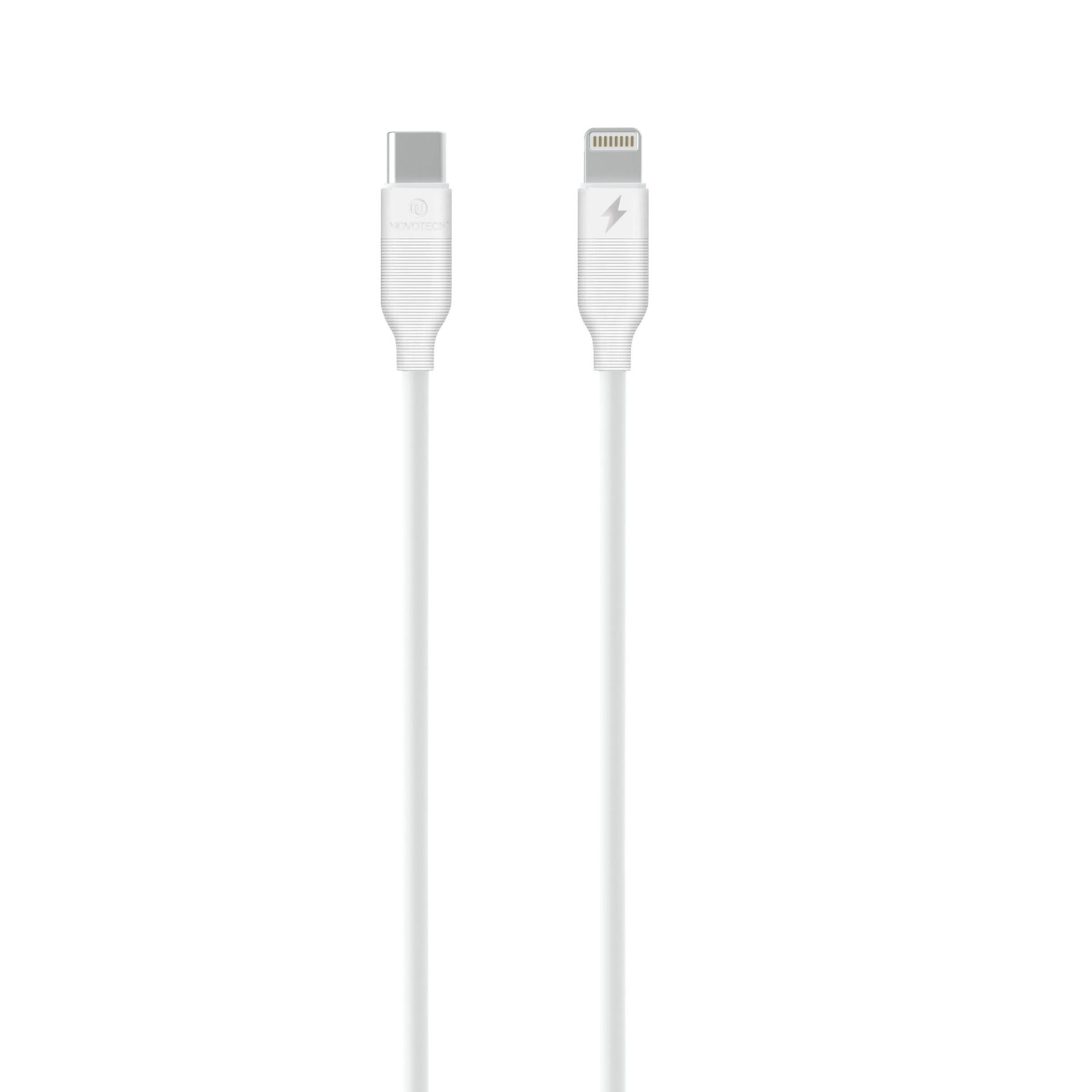 Un cavo USB-C bianco con connettore Lightning e connettore USB-C.