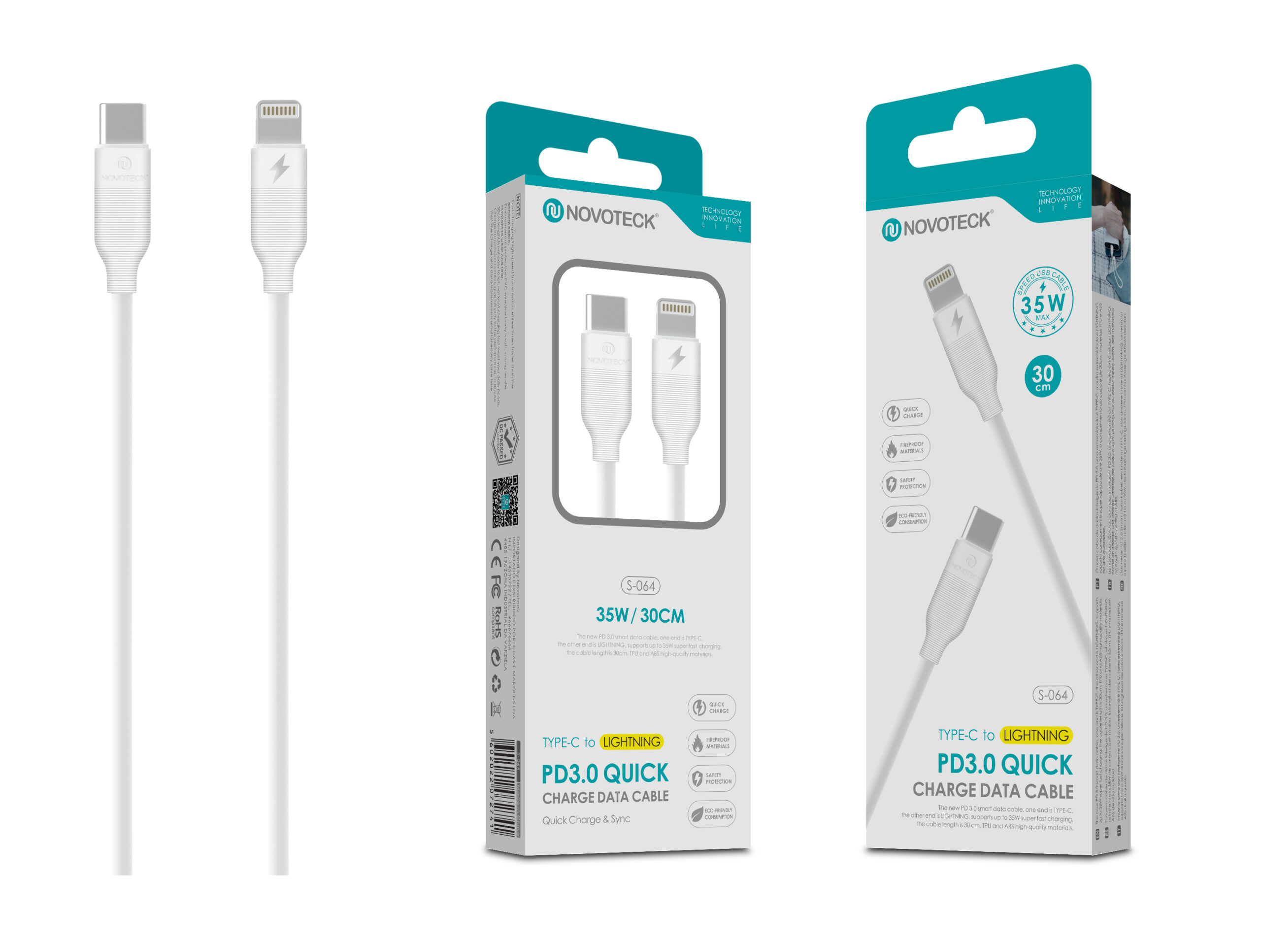 Cavo bianco da USB-C a Lightning con ricarica rapida da 35W.
