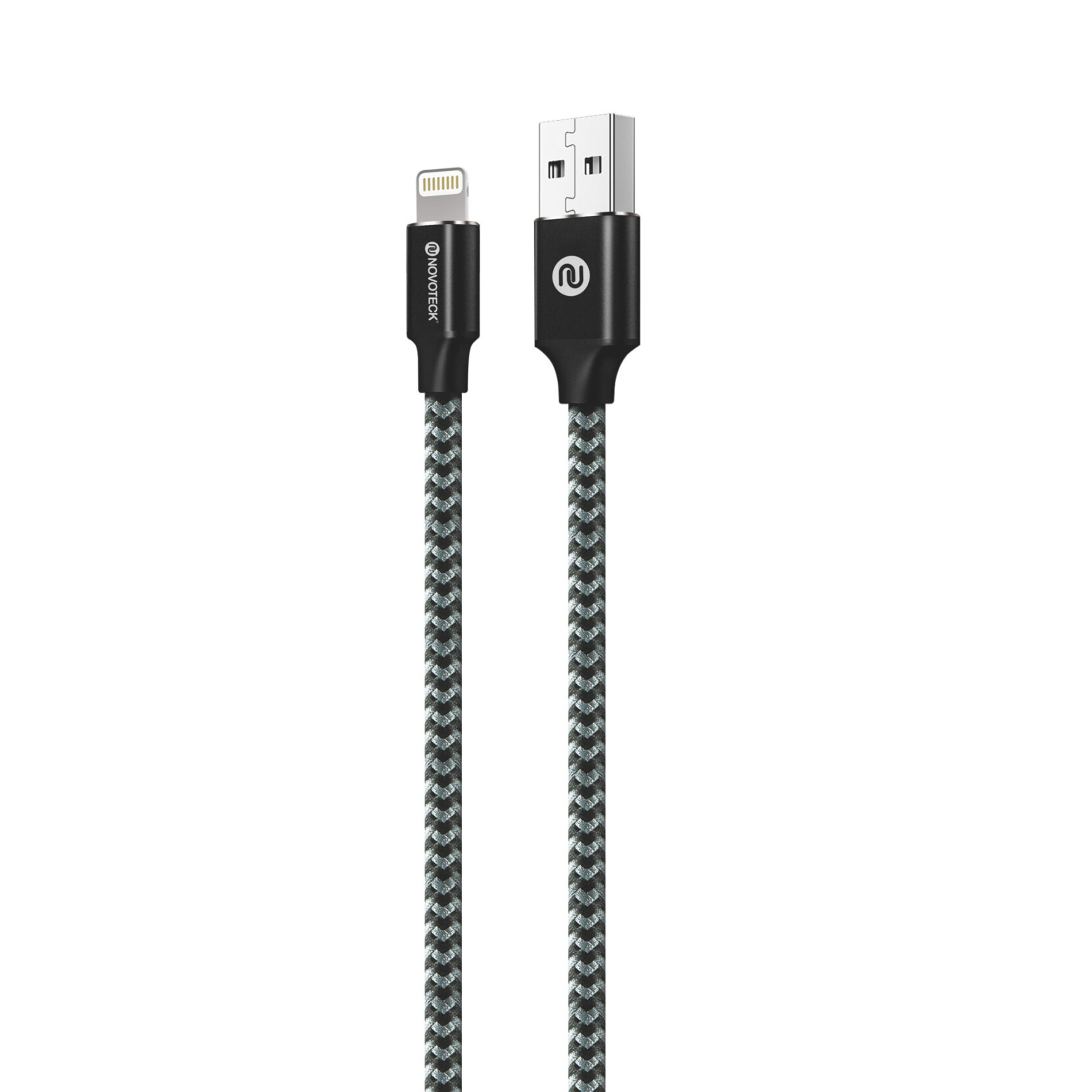 Un cavo USB a Lightning intrecciato con connettori neri.