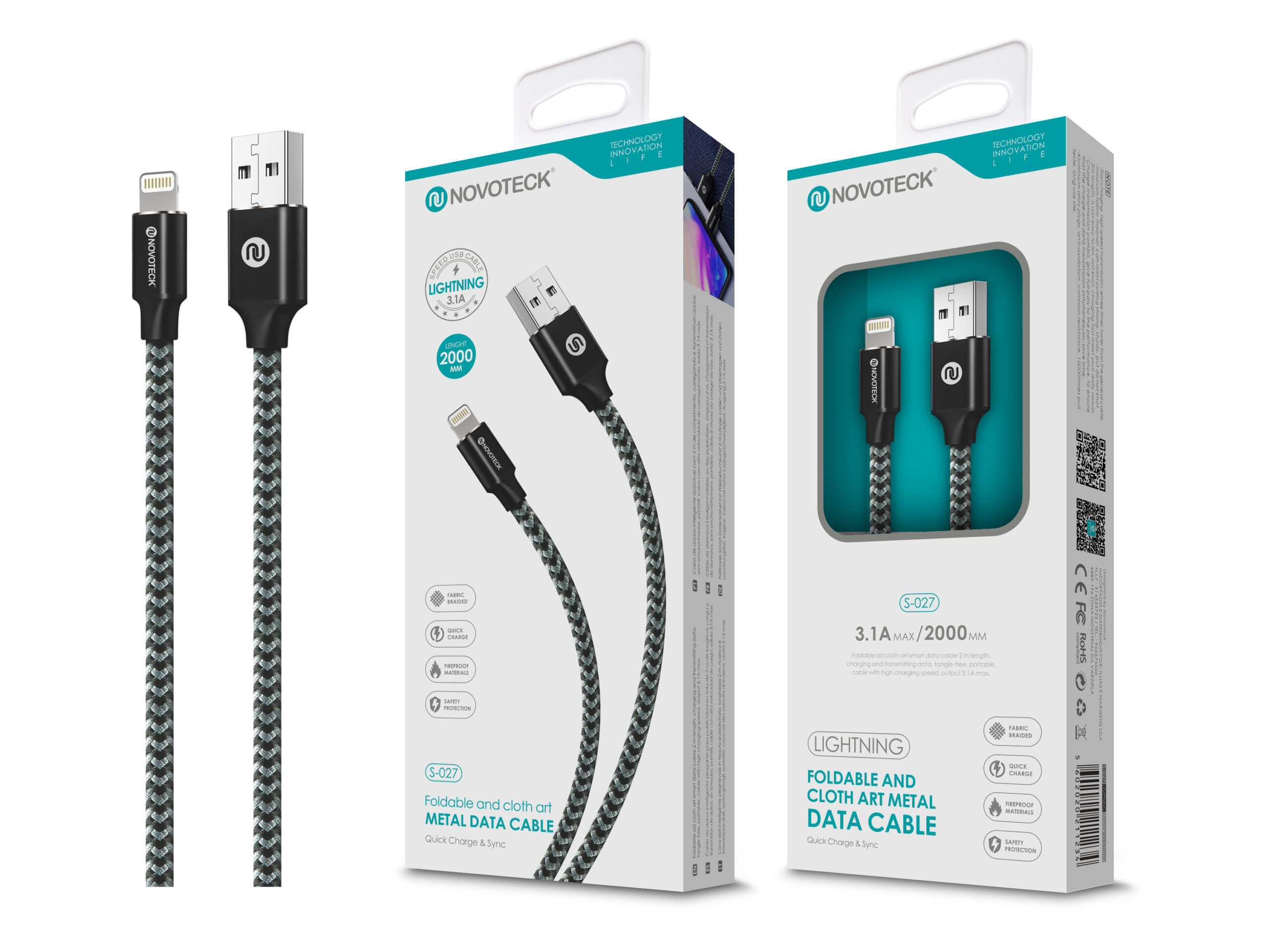 Cavo Novoteck Lightning, 2m, intrecciato nero-verde, con connettori USB-A e Lightning.