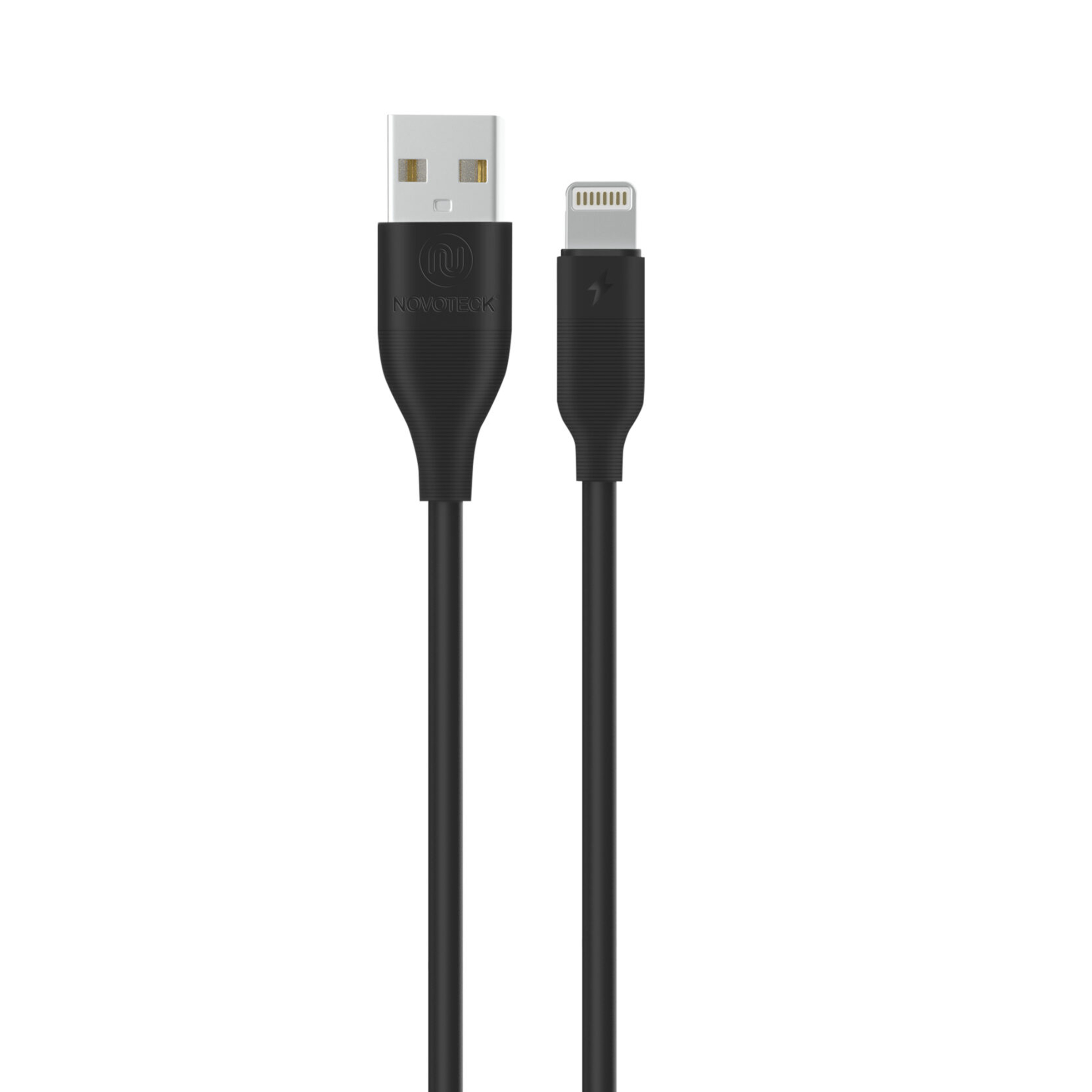 Un cavo da USB a Lightning nero con connettori argentati.