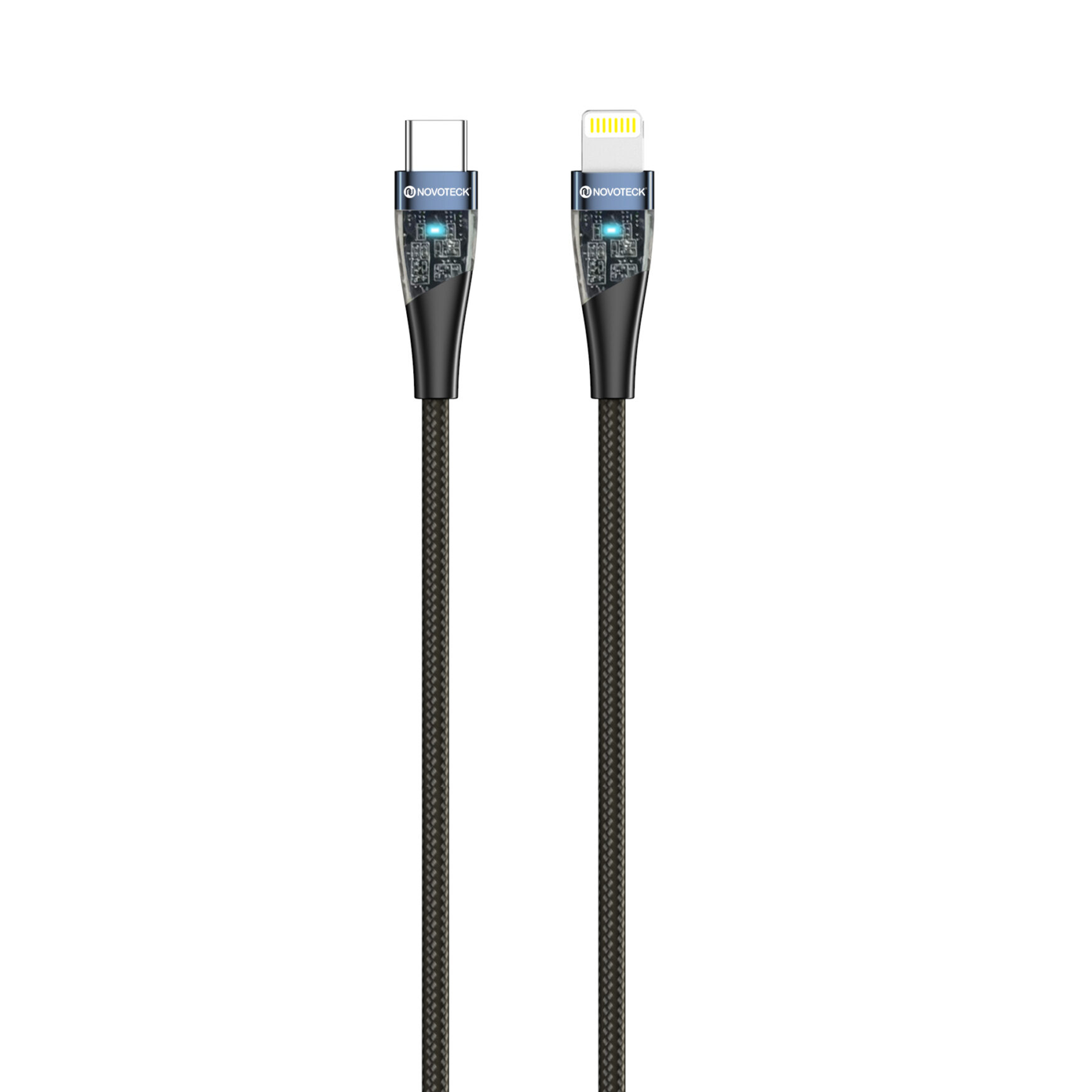 Due cavi di ricarica Novoteck con connettori USB-C e Lightning.