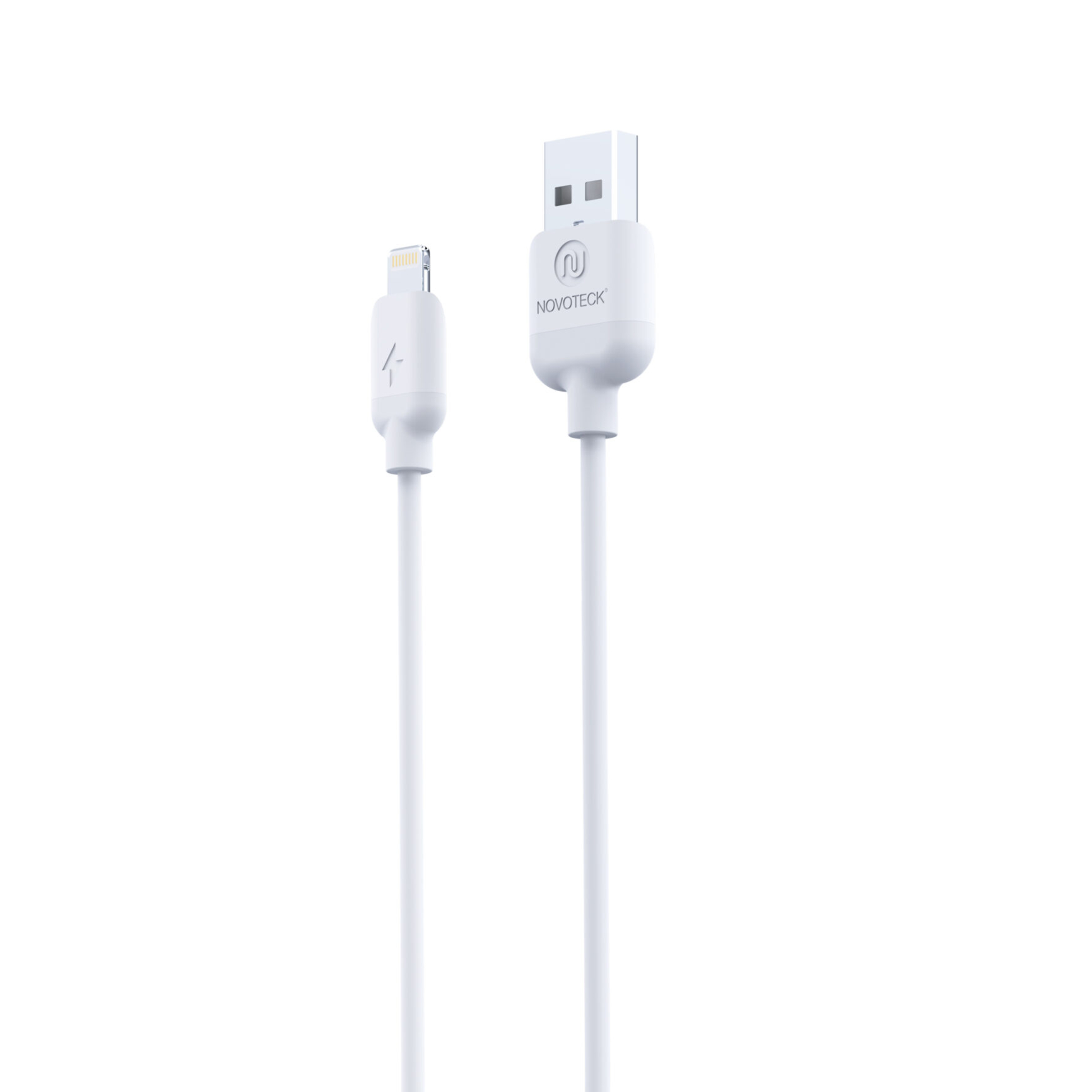 Un cavo USB-C bianco con connettore lightning e connettore USB-A.