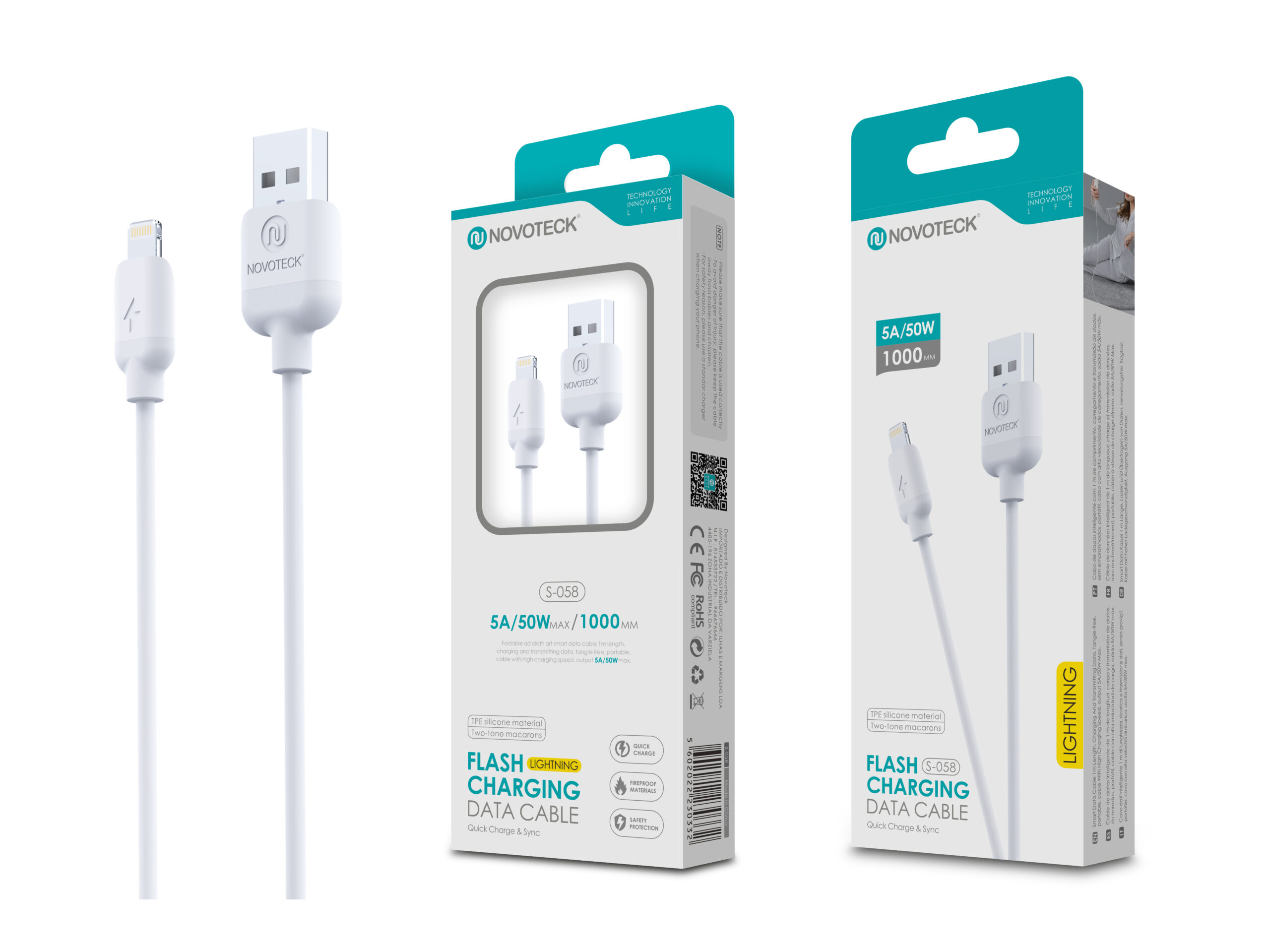 Un cavo USB-C a Lightning bianco con logo Novoteck e confezione.