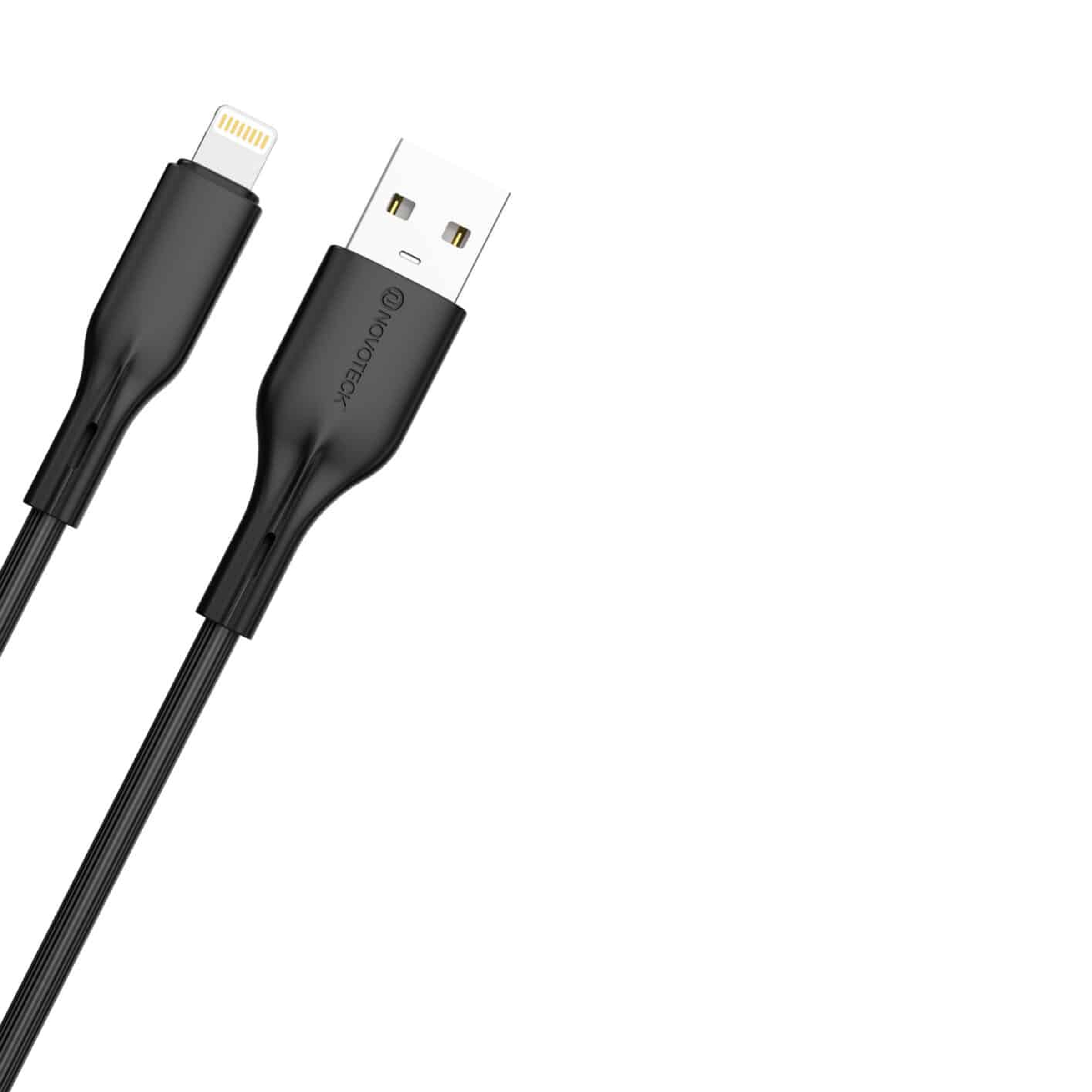 Un cavo USB nero con connettori Lightning e USB-A.