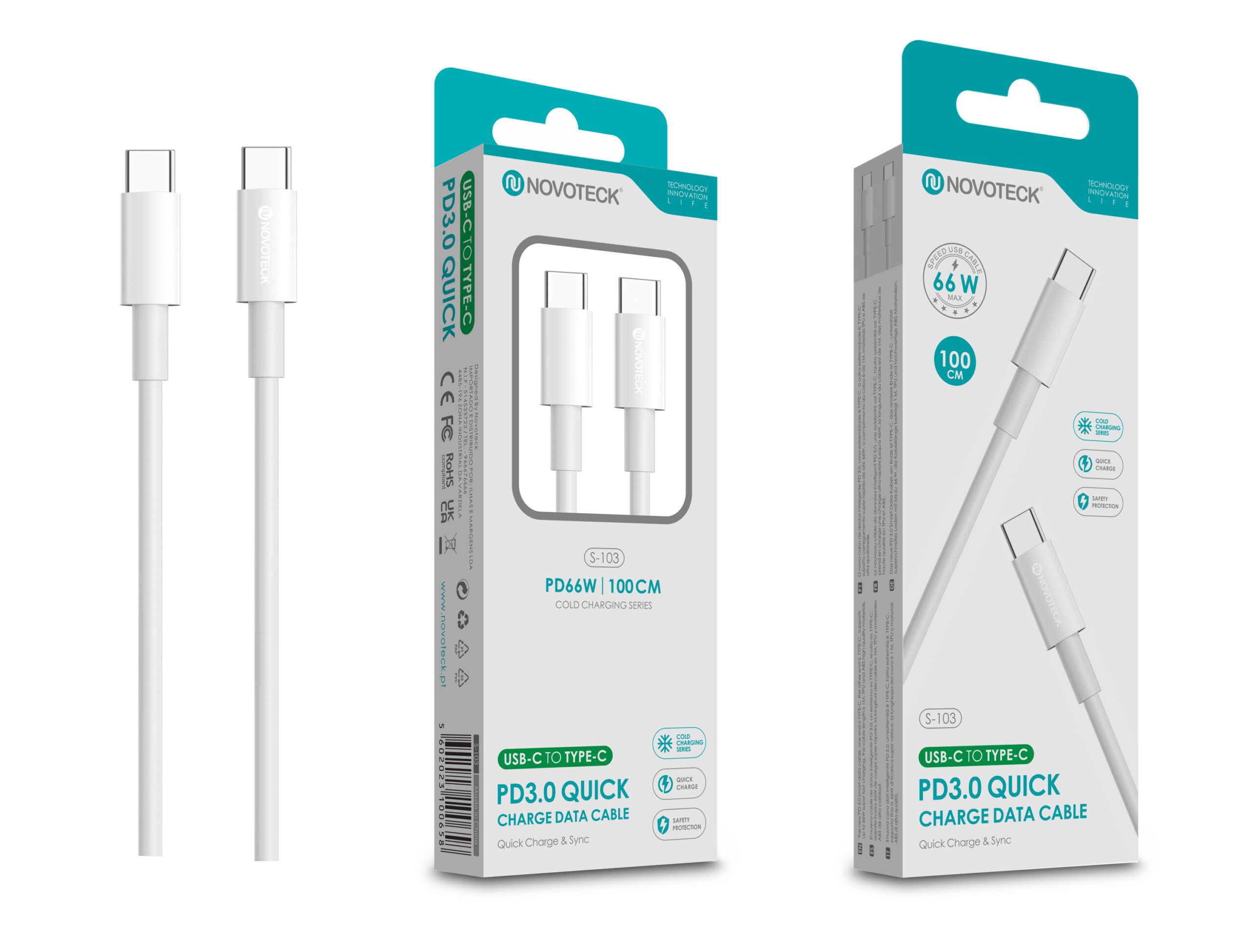 Dos cables blancos USB-C a USB-C y sus embalajes. Etiquetado: 66W, 100cm.