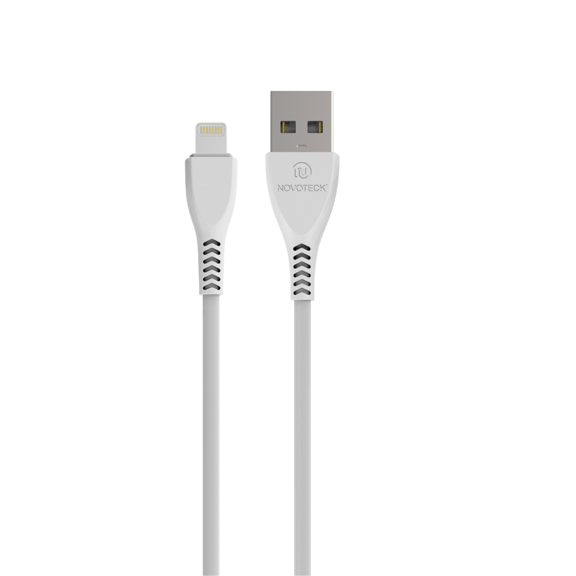 Un cavo da USB-C a Lightning bianco con logo Novoteck.