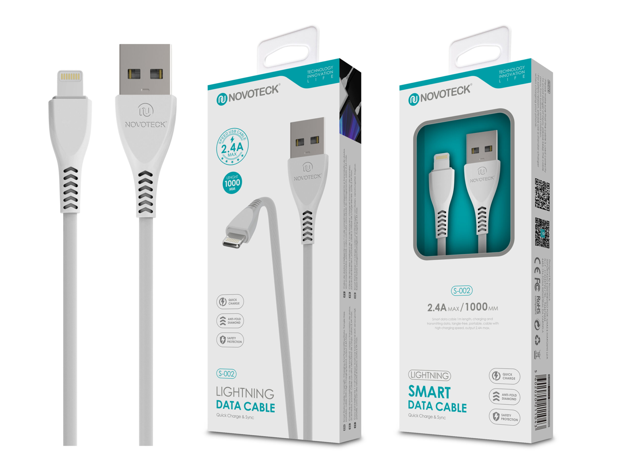 Cavi dati Novoteck Lightning bianchi, 1m, ricarica rapida, 2.4A max.