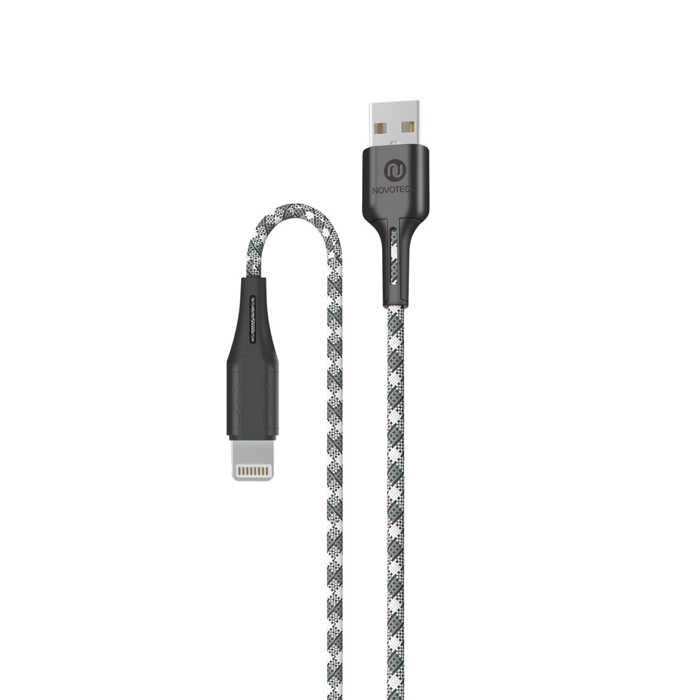 Un cavo da USB a Lightning nero e grigio con cordoncino intrecciato.