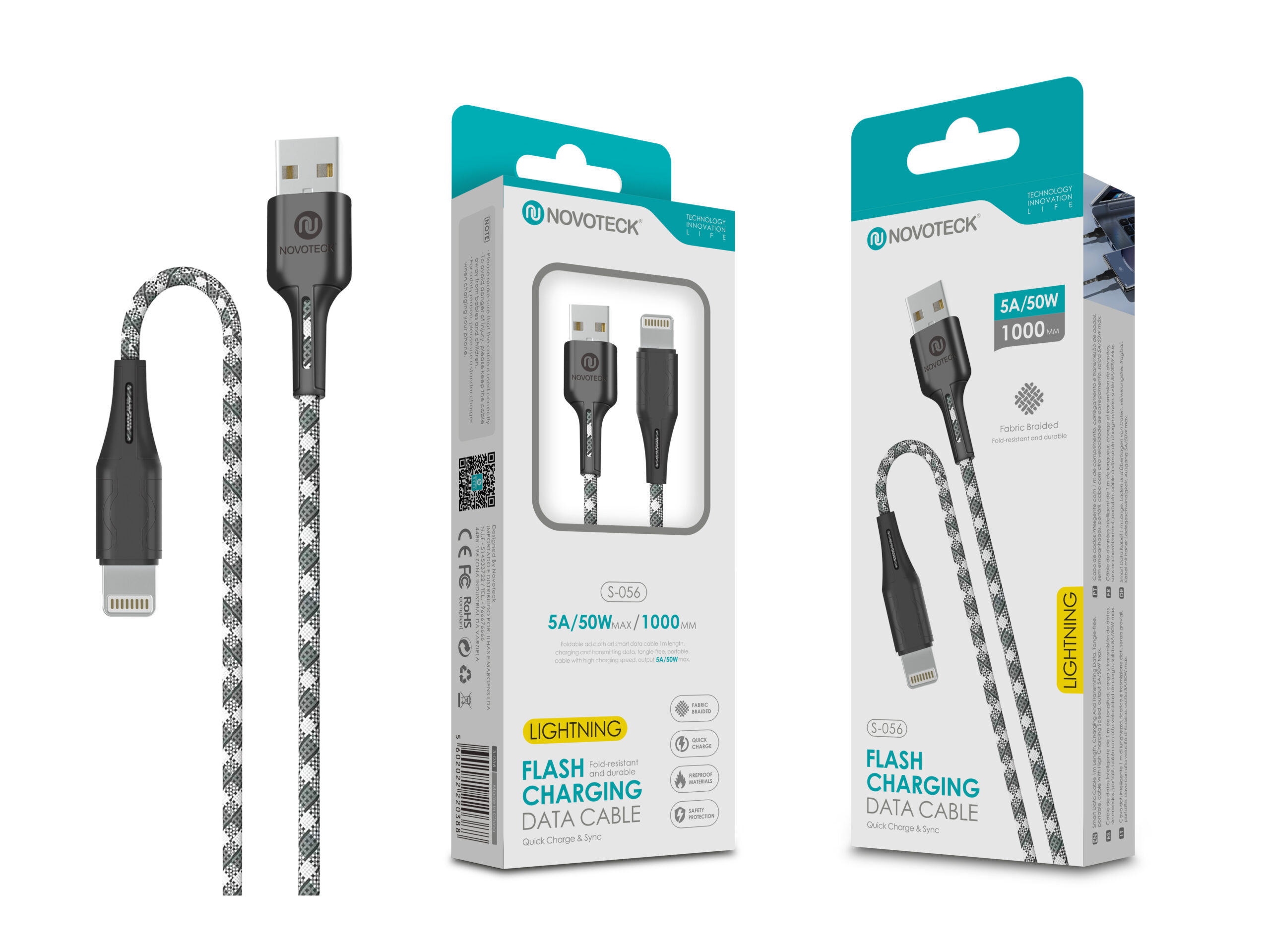 Cavo NOVOTECK con connettore USB-A a Lightning, 1m, trecciato in tessuto.