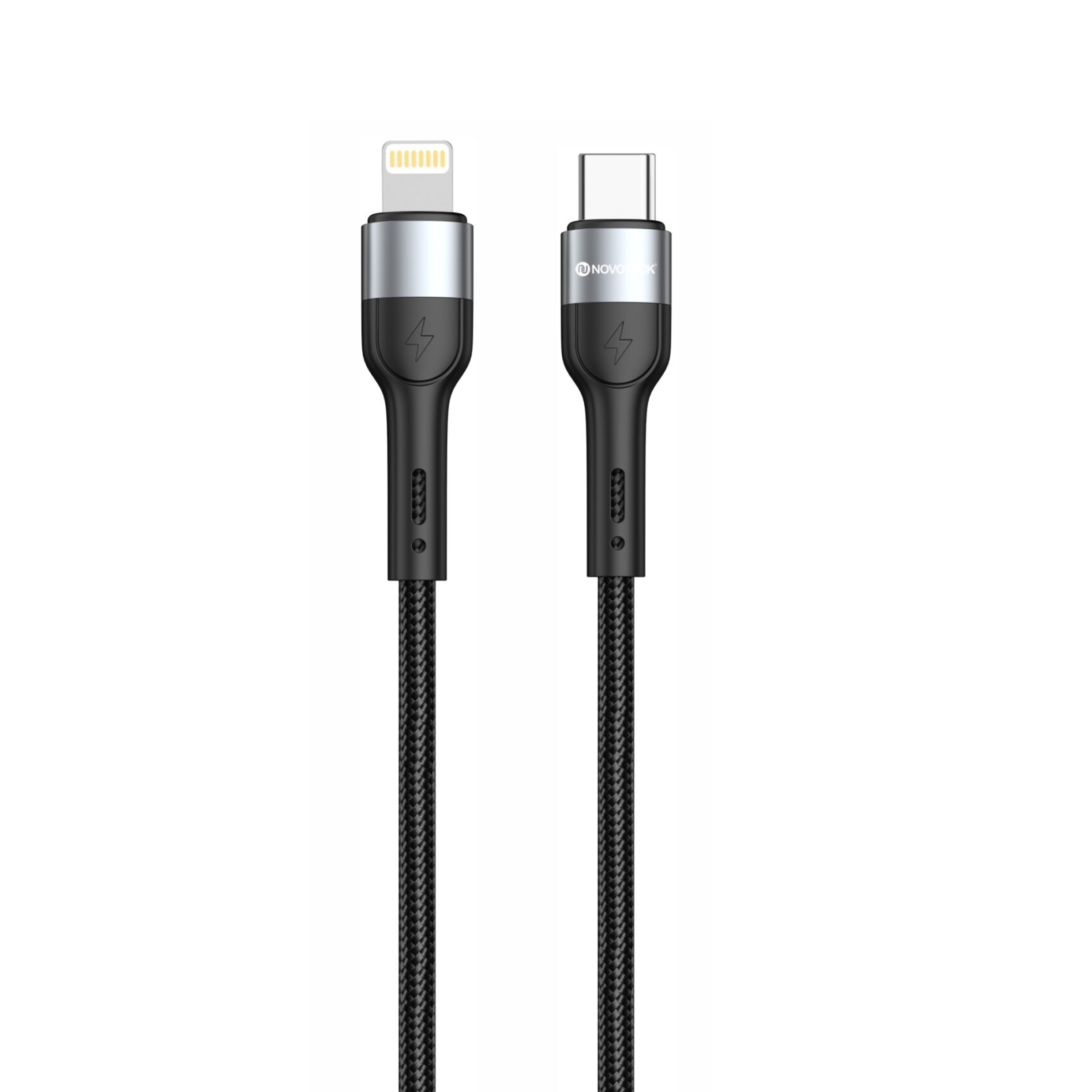 Un cavo Lightning e un cavo USB-C con connettori argentati e filo intrecciato nero.