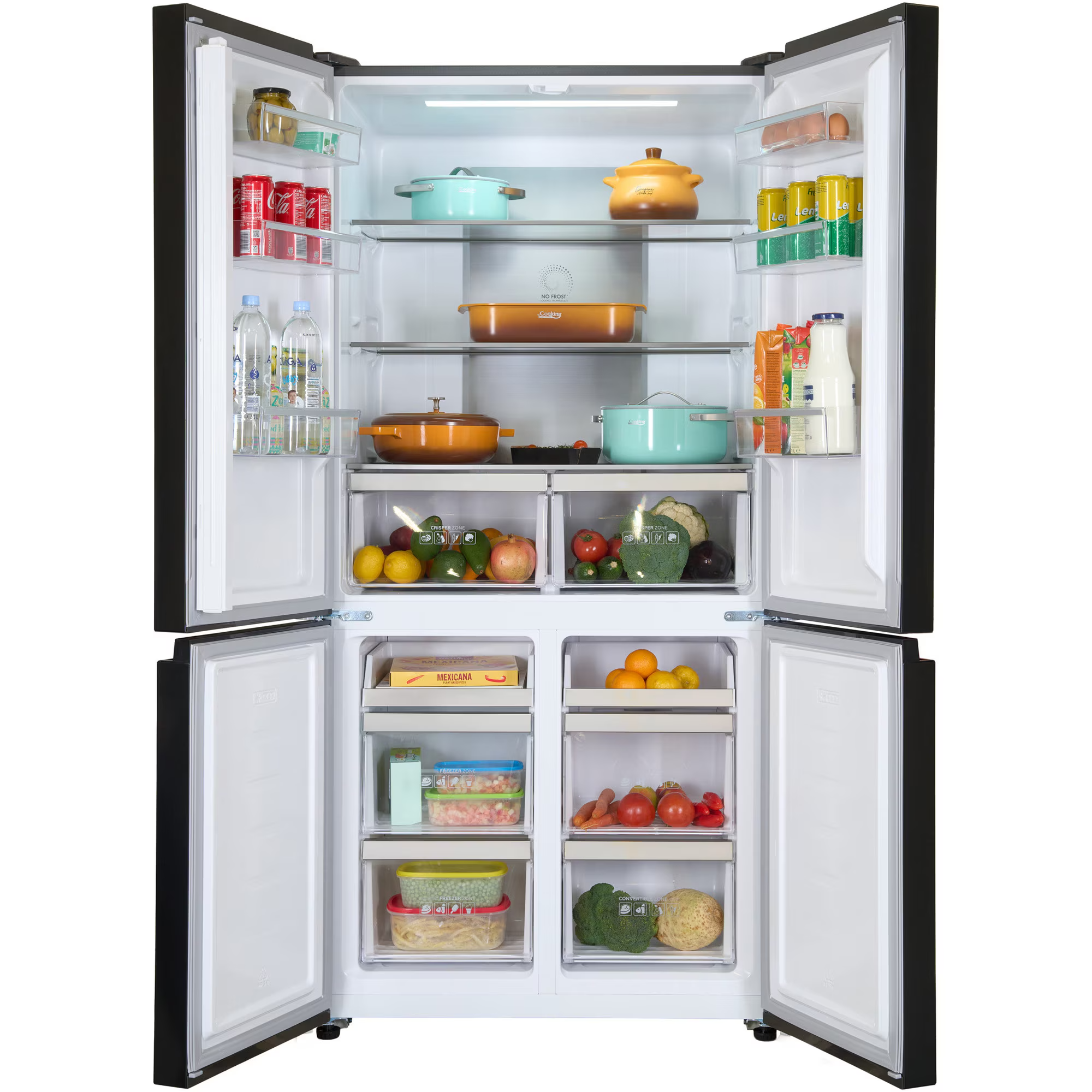 Open black refrigerator with food: drinks, pots, fruit, vegetables, eggs.