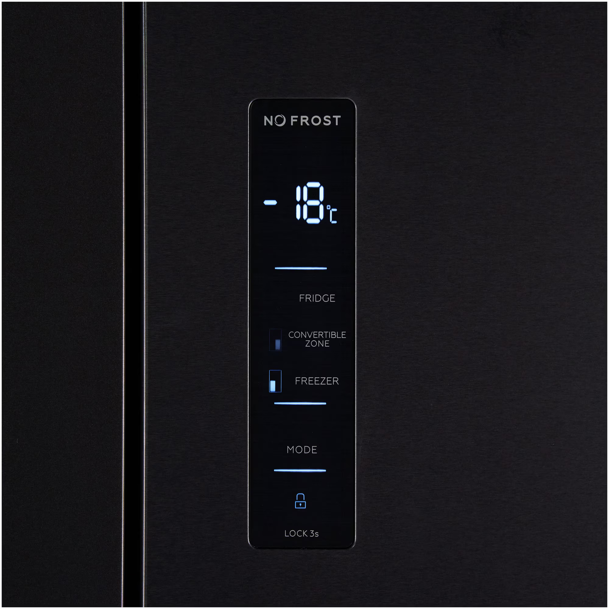 A black control panel with a digital display shows -18°C.