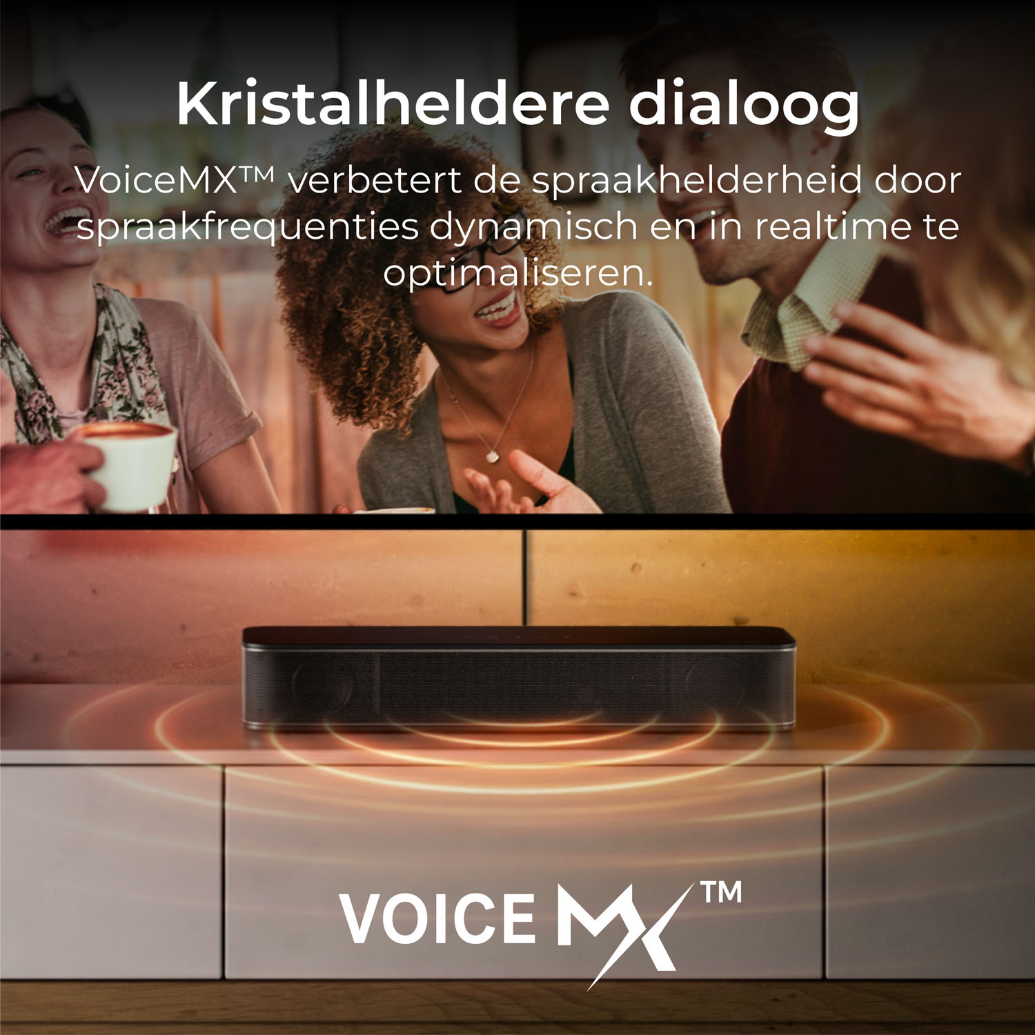 Soundbar met geluidsgolven en lachende mensen op achtergrond.