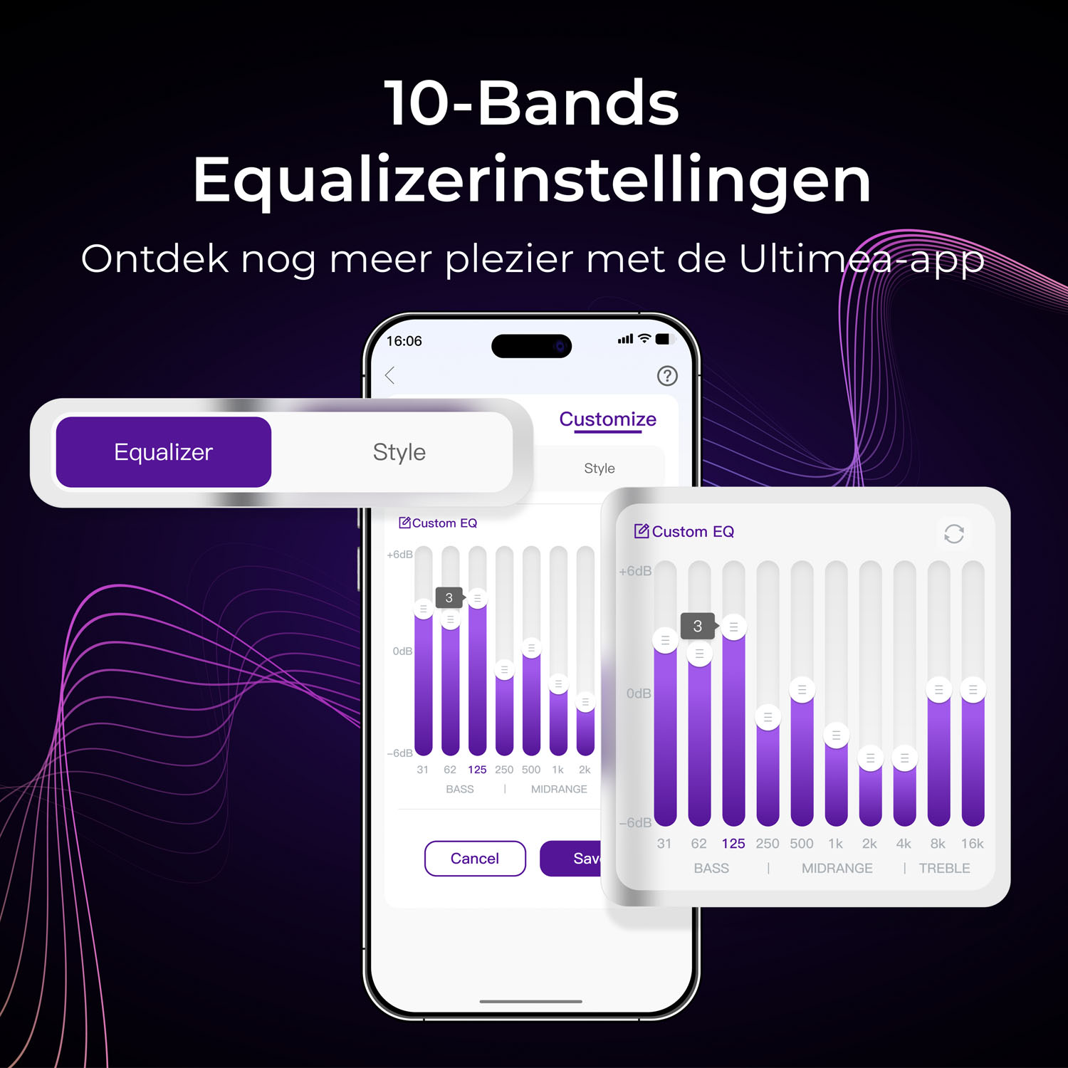 App-interface met een 10-bands equalizer en paarse staafdiagrammen.