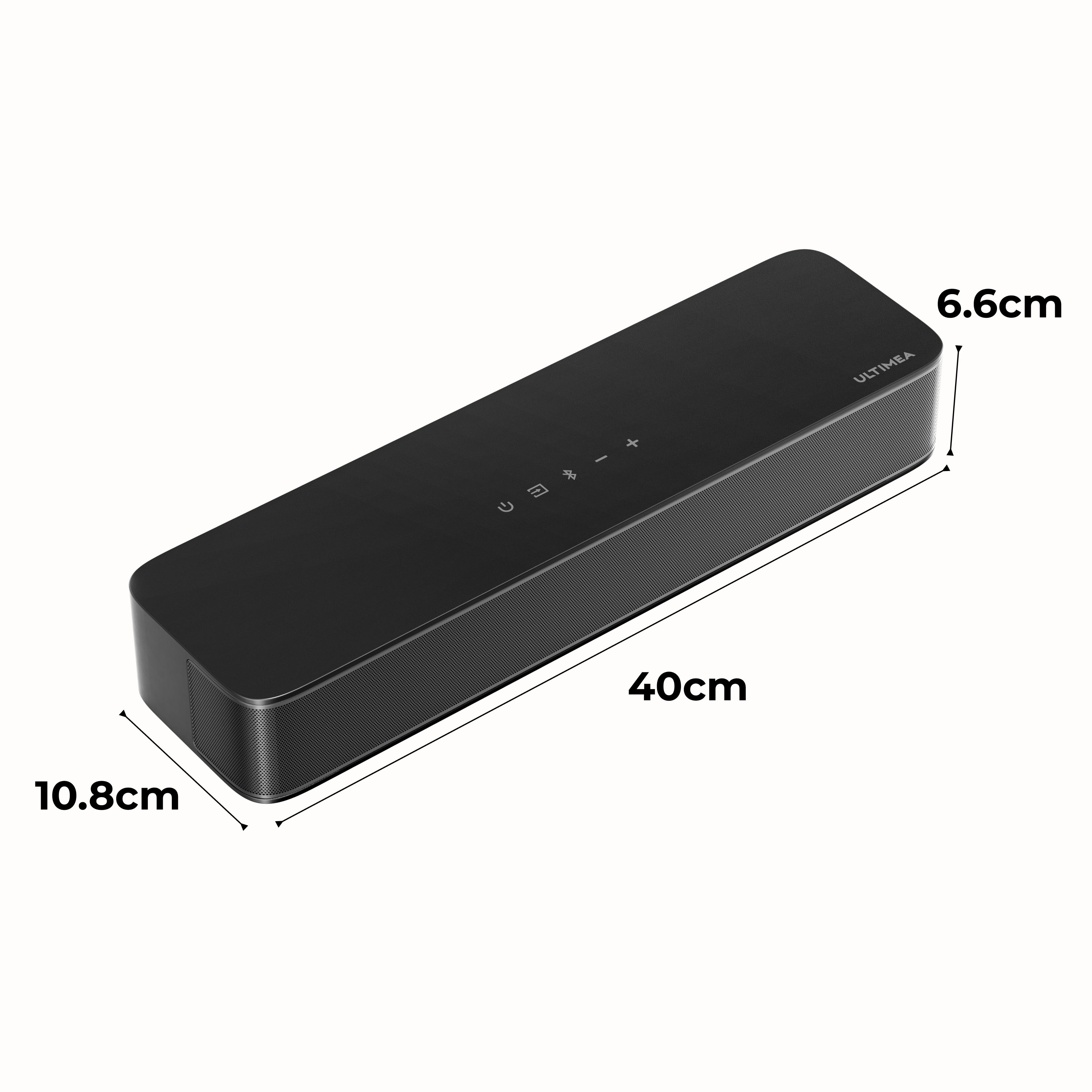 Zwarte soundbar, 40x10.8x6.6cm, met bedieningsknoppen en logo.