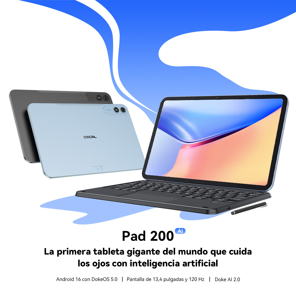 Dos tablets, una azul claro, una gris, con teclado y lápiz. La azul claro está delante.