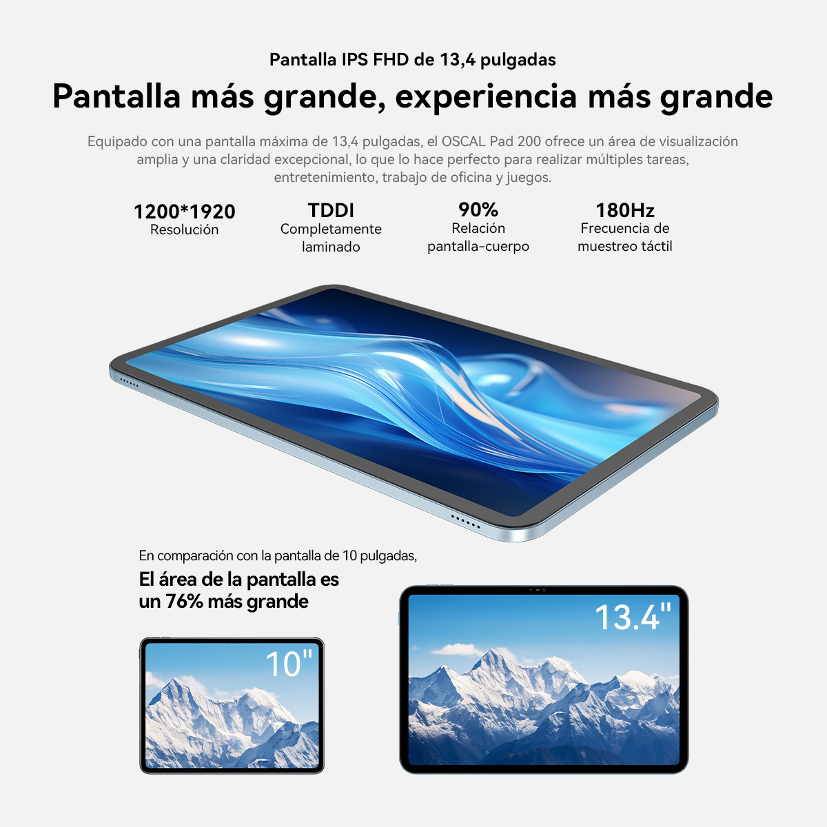 Una tableta de 13,4 pulgadas con paisaje de montaña junto a una pantalla de 10 pulgadas.