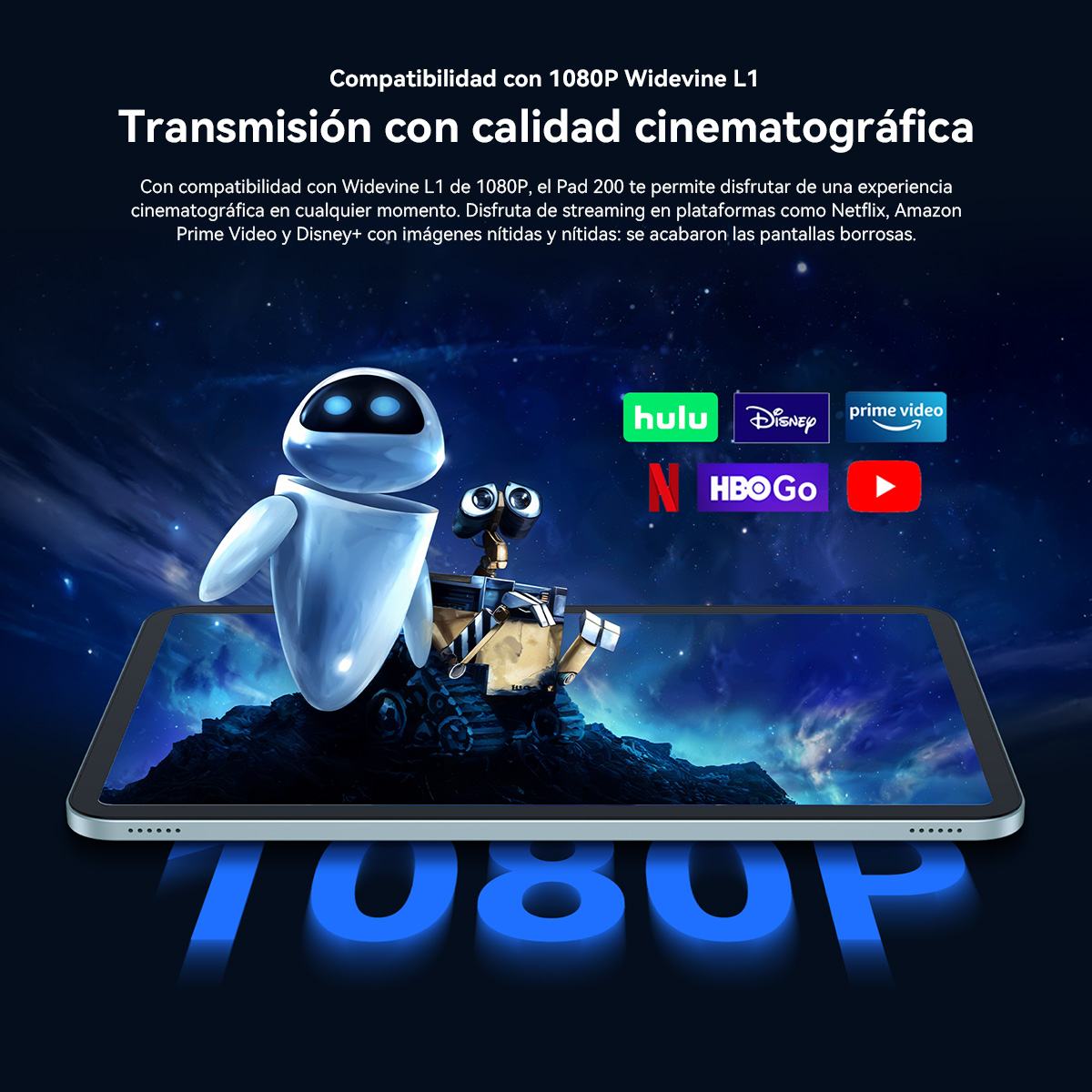 EVE y WALL-E en una tablet con logos de streaming y pantalla 1080P.