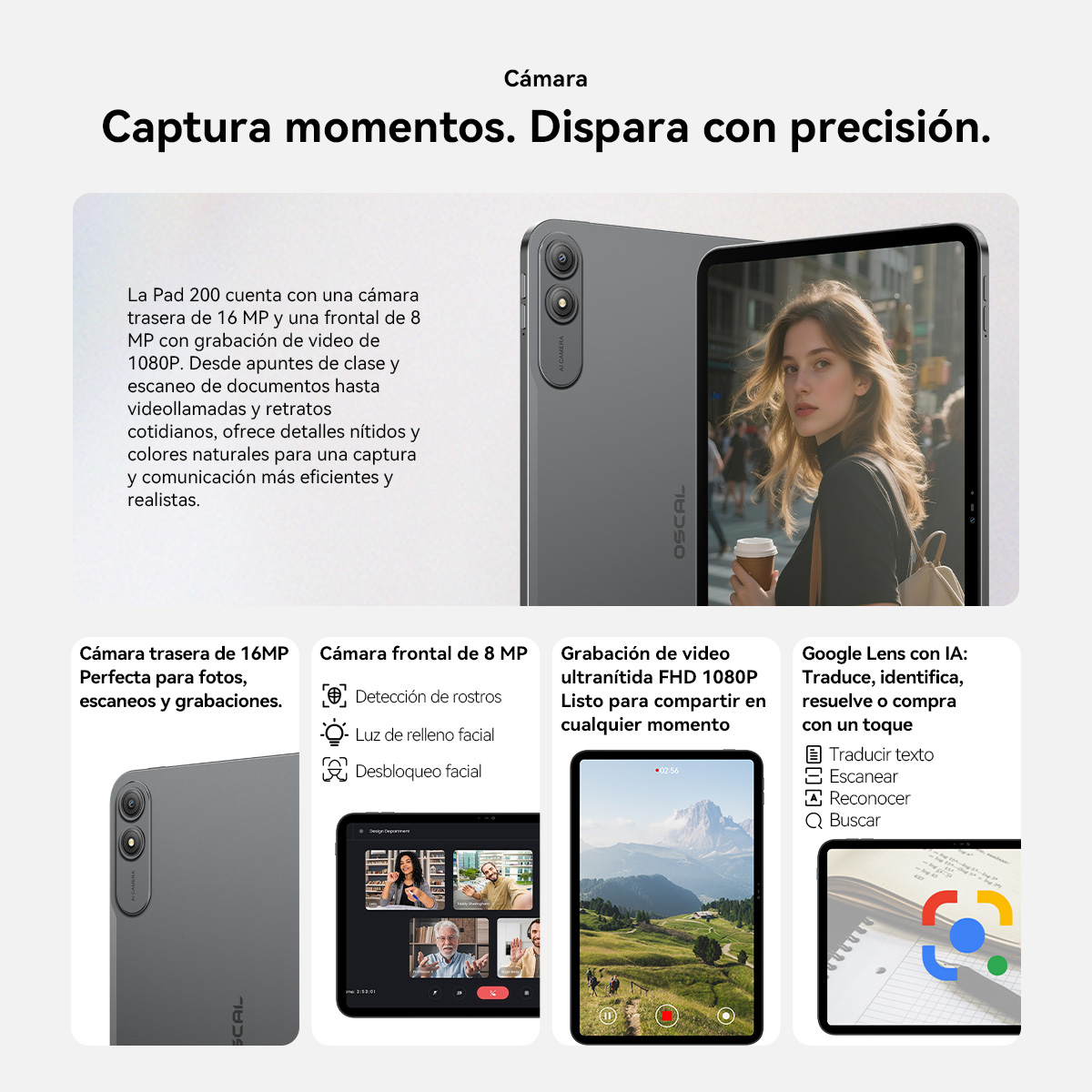Tableta mostrando funciones de cámara: trasera, frontal, video y Google Lens.