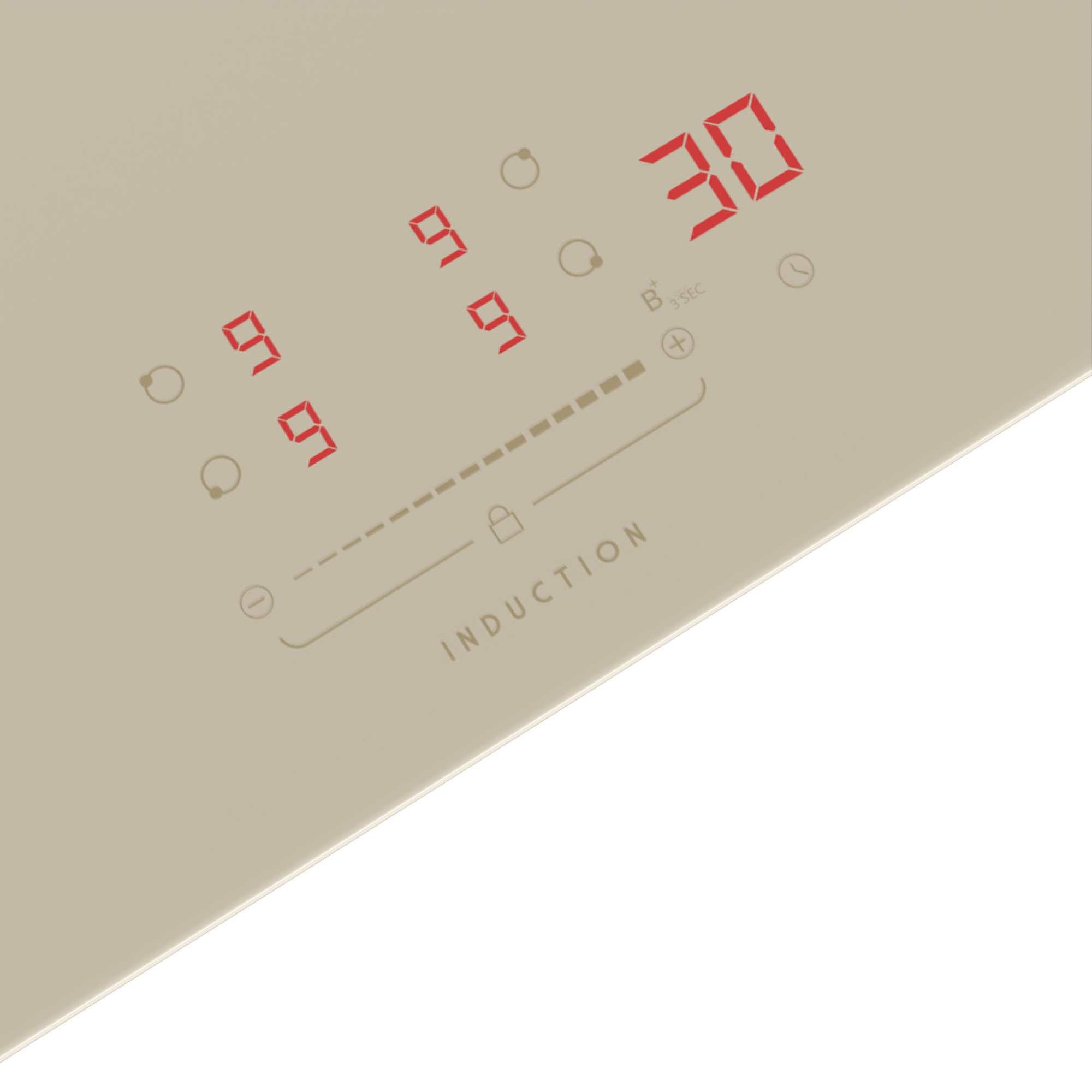 Ein Kochfeld mit roten Digitalanzeigen für 9, 9 und 30. Text 'INDUCTION'.