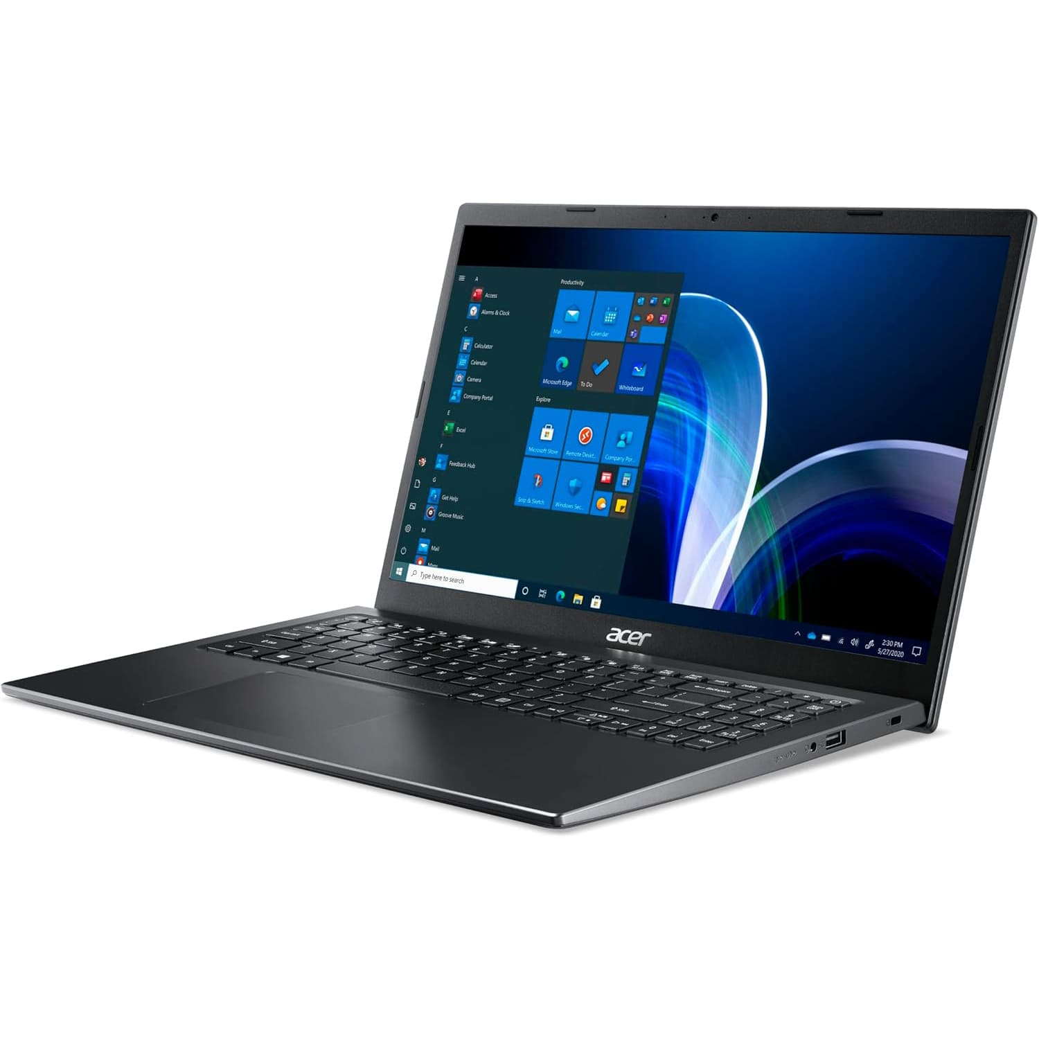 Un portátil Acer oscuro con el menú de inicio de Windows abierto en la pantalla.