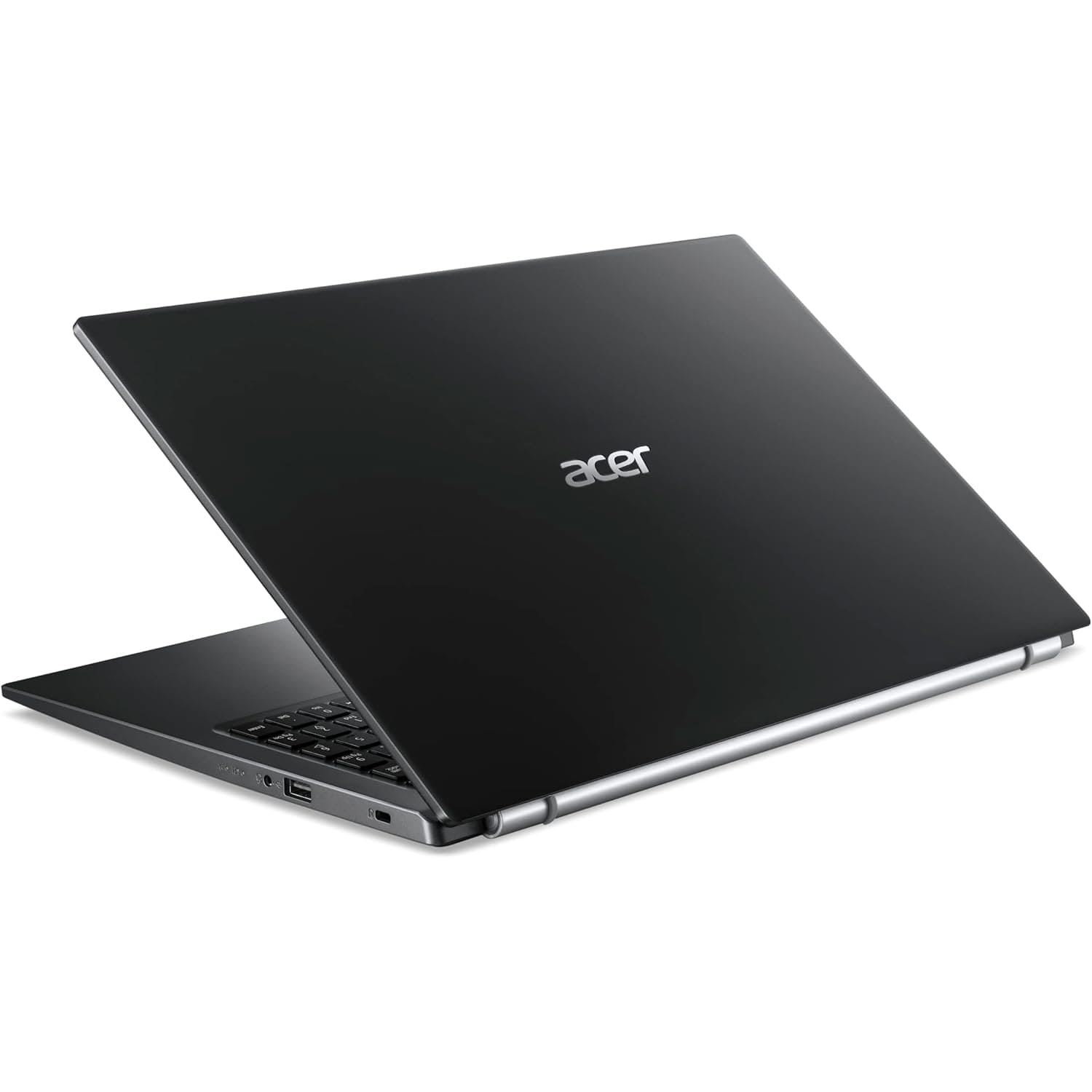Un portátil Acer negro cerrado con detalles plateados, sobre fondo blanco.