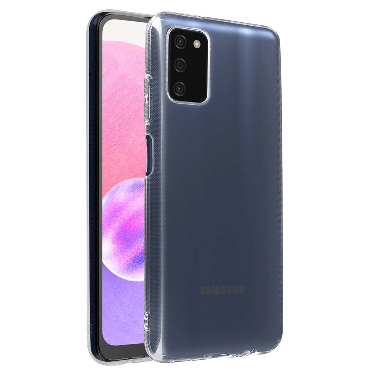 Custodia trasparente mostra uno smartphone con tre fotocamere e un accento rosa.