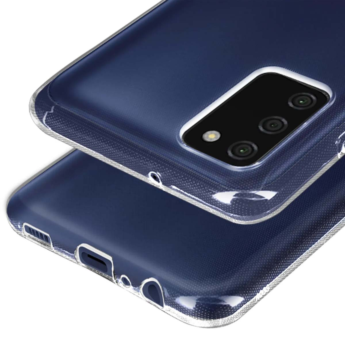 Custodia trasparente per telefono con fotocamera quadrupla su sfondo blu scuro.