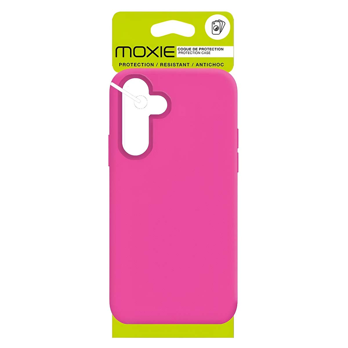Eine pinke Schutzhülle für ein Handy in einer Verpackung mit grünem Rand.