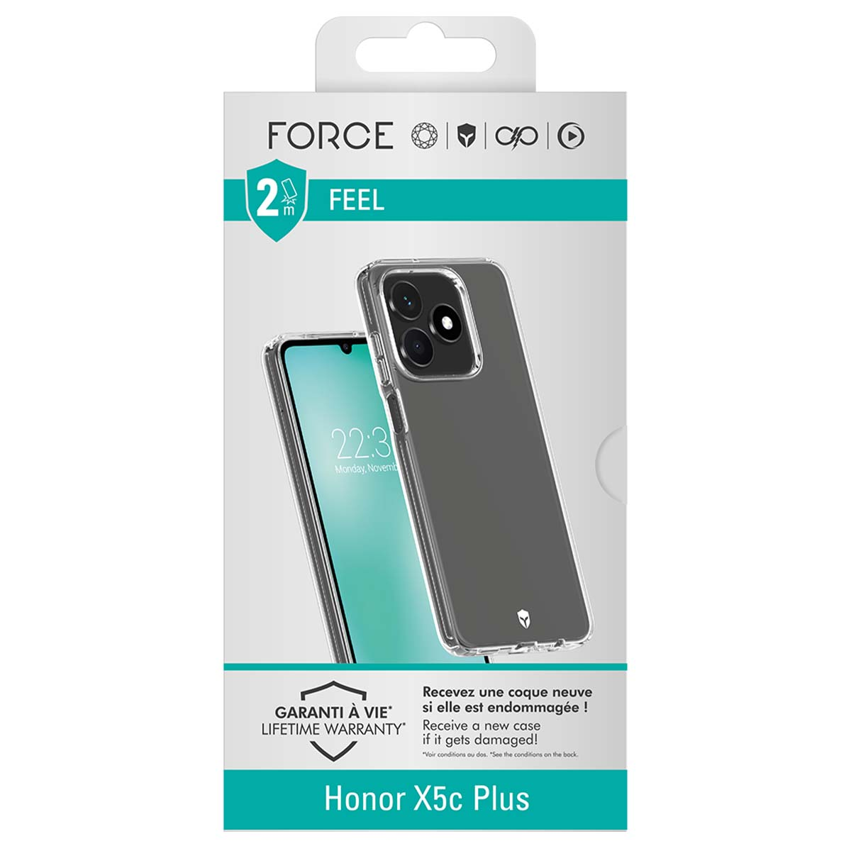 Verpackung für Honor X5c Plus Hülle mit zwei durchsichtigen Hüllen und Garantie.