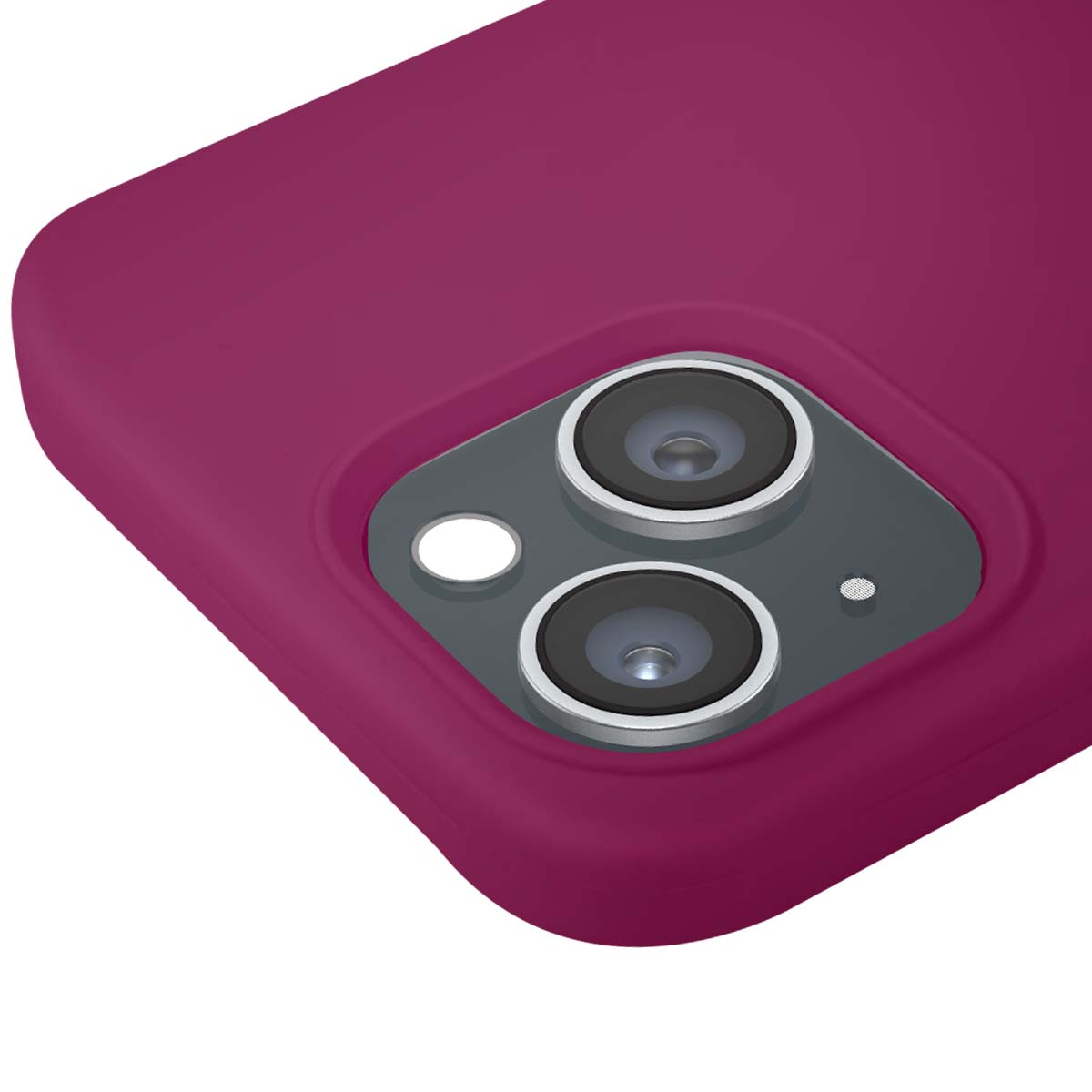 Nahaufnahme einer magenta Handyhülle mit einem Kameramodul mit zwei Linsen und Blitz.