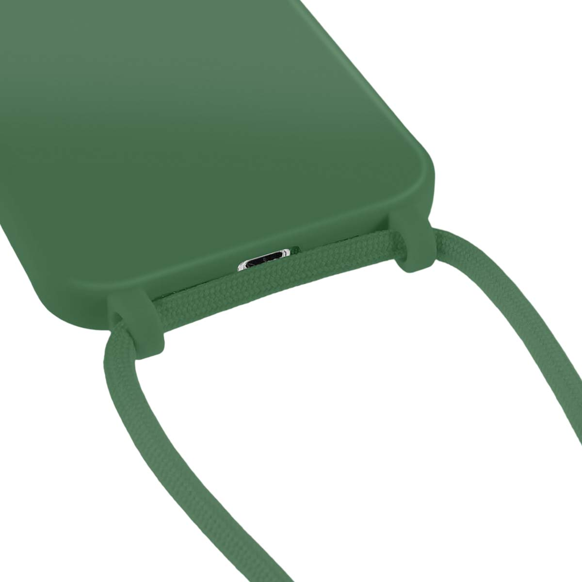 Grüne Handyhülle mit Lanyard, Nahaufnahme des Ladeanschlusses.