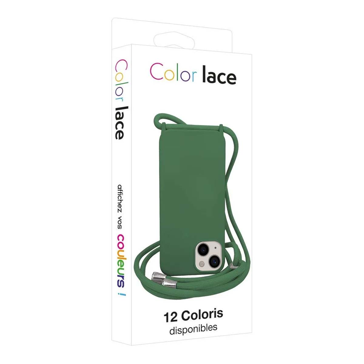 Eine grüne Handyhülle mit einem Band und einem iPhone-Kameramodul auf der Verpackung.