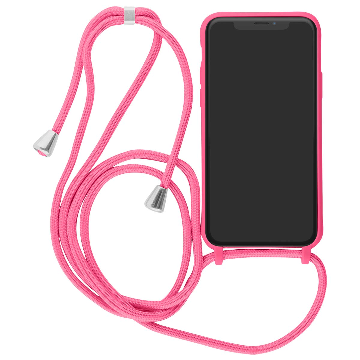 Ein pinkes Handy mit Umhängeband und silbernen Endstücken, das an einer Hülle befestigt ist.