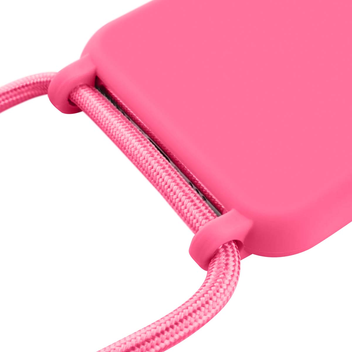 Nahaufnahme einer pinken Handyhülle mit einer pinken Kordel, die durch Schlaufen geführt ist.