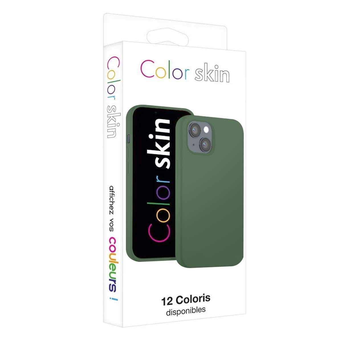 Grüne Handyhülle mit "Color skin"-Logo auf schwarzem Hintergrund.