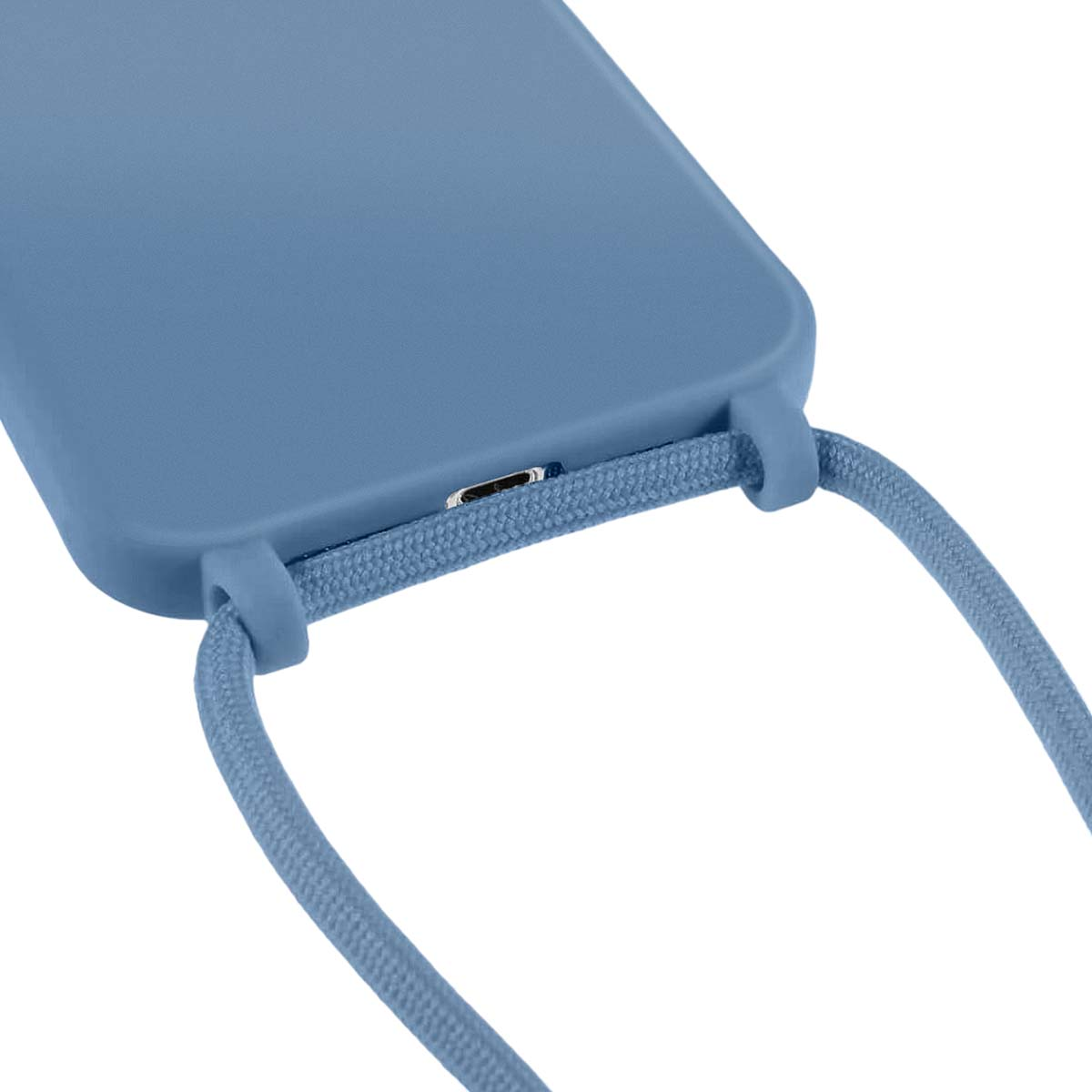 Eine blaue Handyhülle mit geflochtenem Band an einer Schlaufe, zeigt Ladeanschluss.