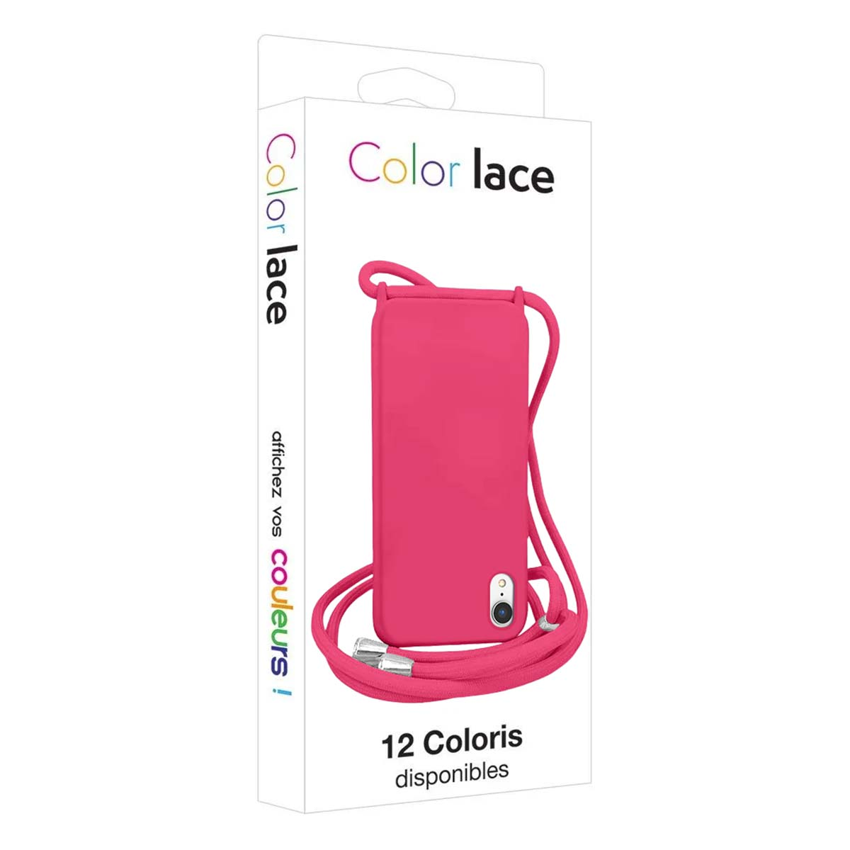Verpackung mit einer pinken Handyhülle mit Trageband.
