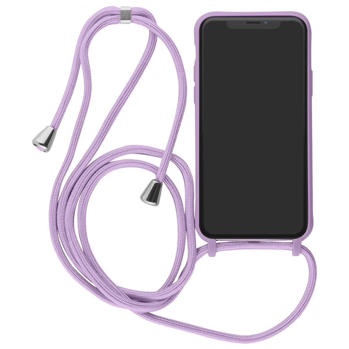 Se muestra una funda de teléfono lila con cordón sobre fondo blanco.