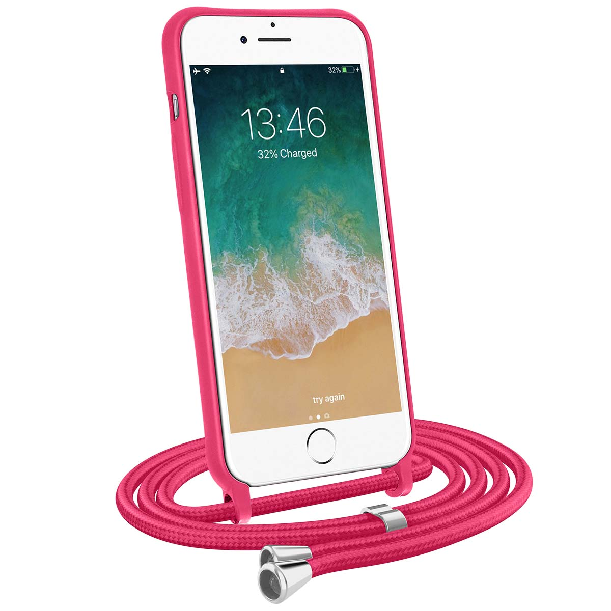 Ein pinkes iPhone mit einem Lanyard und einer Wellen-Bildschirmsperre.
