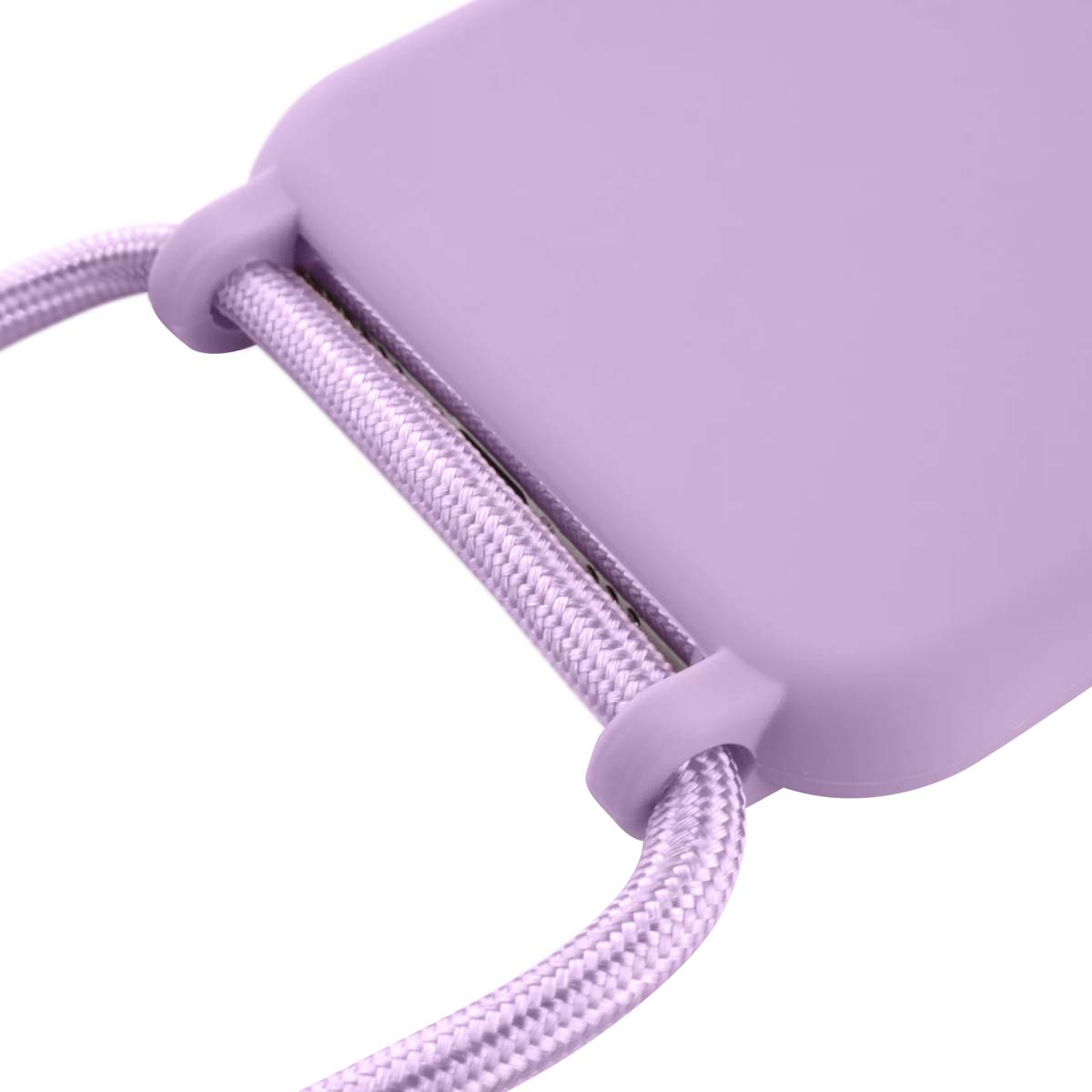 Primer plano de una funda de teléfono lila con un cordón trenzado pasando por un lazo.
