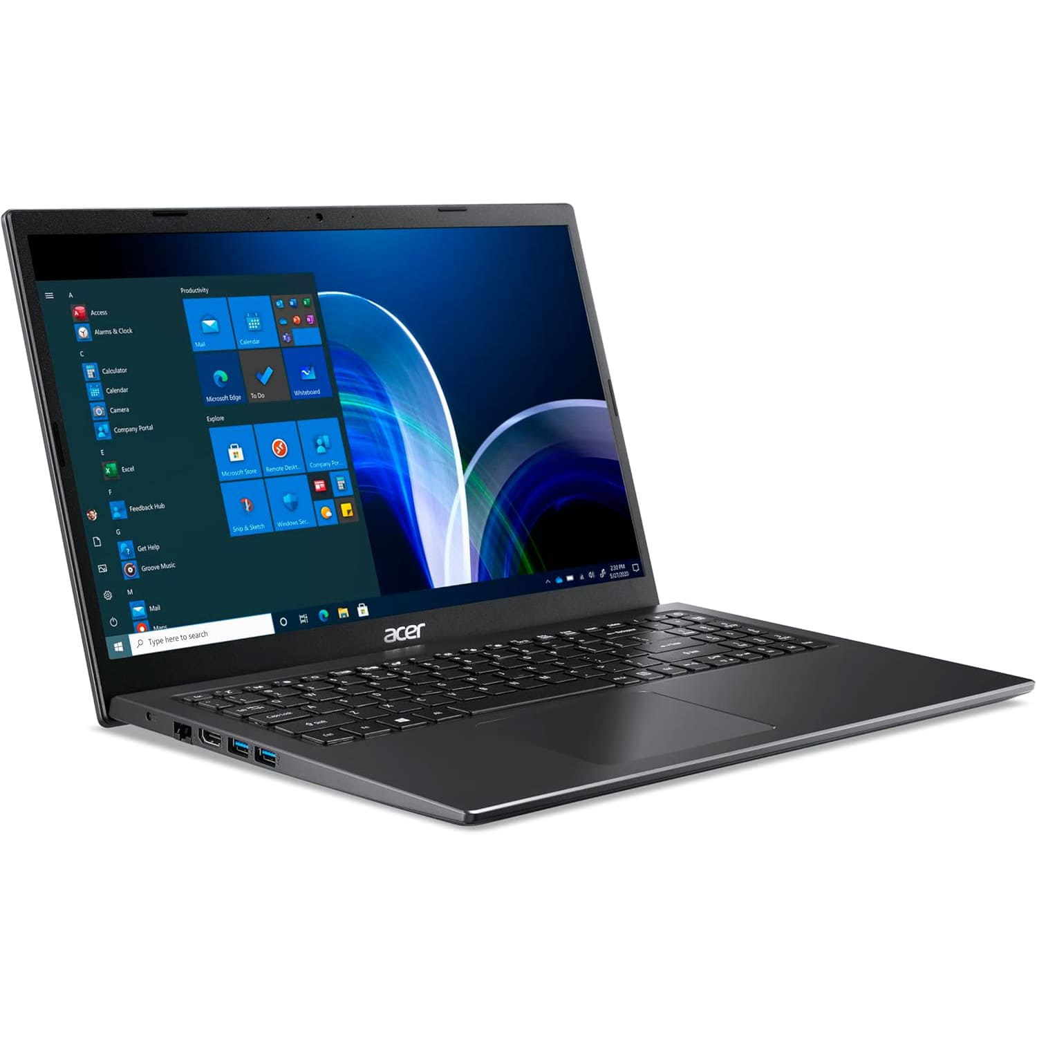 Un portátil Acer gris oscuro está abierto, mostrando su pantalla con mosaicos de Windows y teclado.